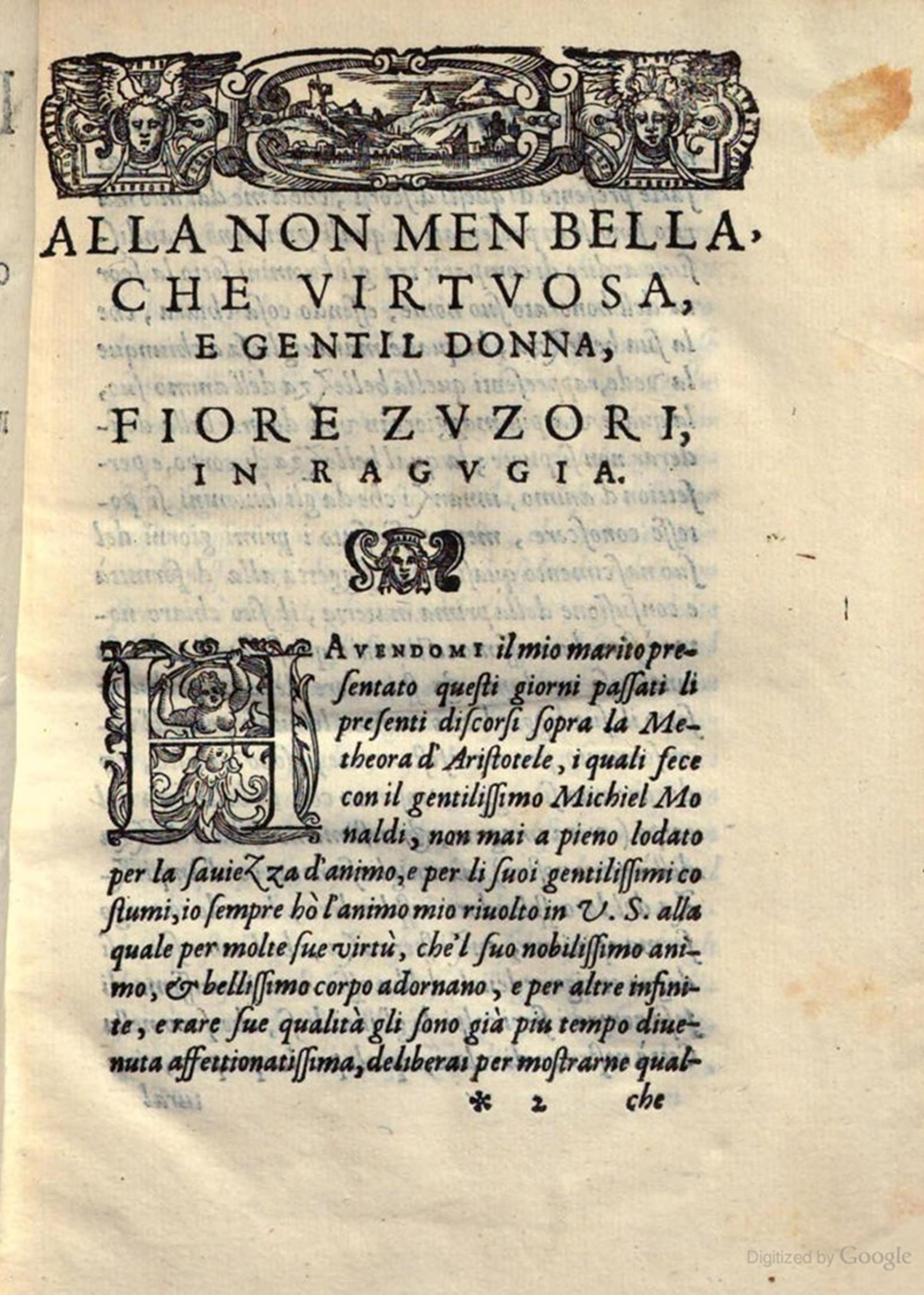 Old manuscript page with ornate header and Italian text, decorative initial ‘H’ and weathered paper look, likely a book print.