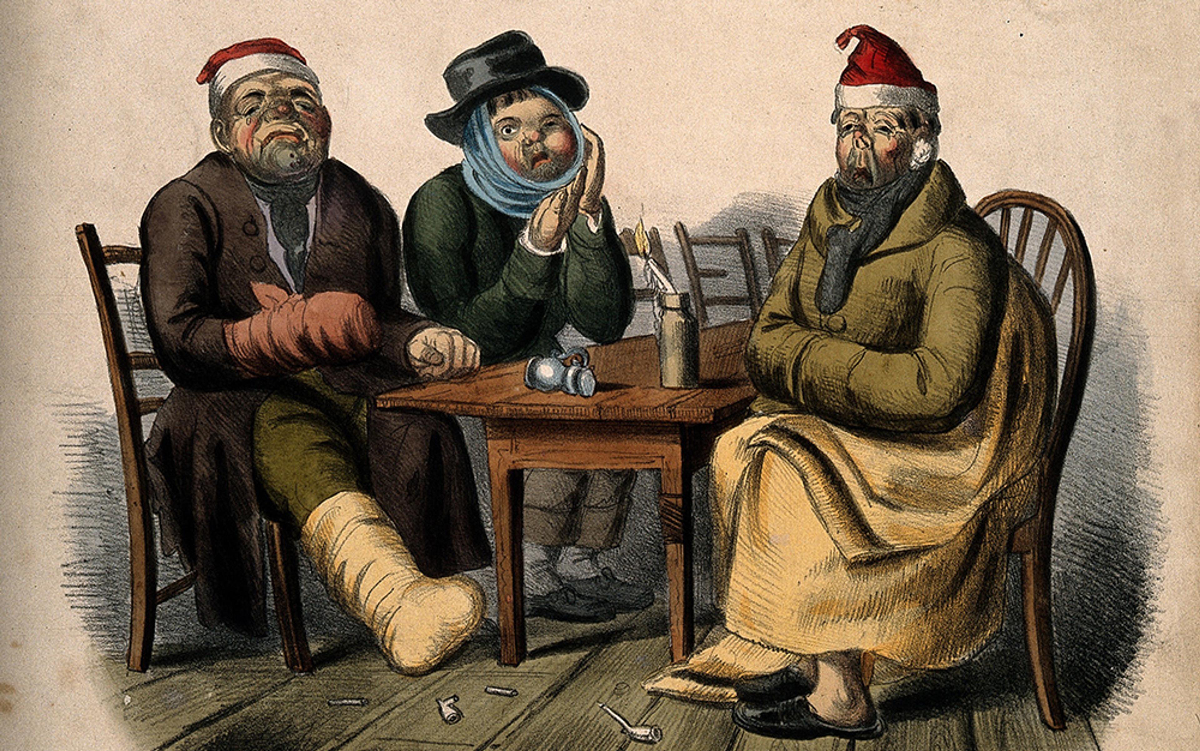 Painting of three older men sitting at a table, bandaged and teary, wearing winter clothing and caps, with scattered items on the floor.