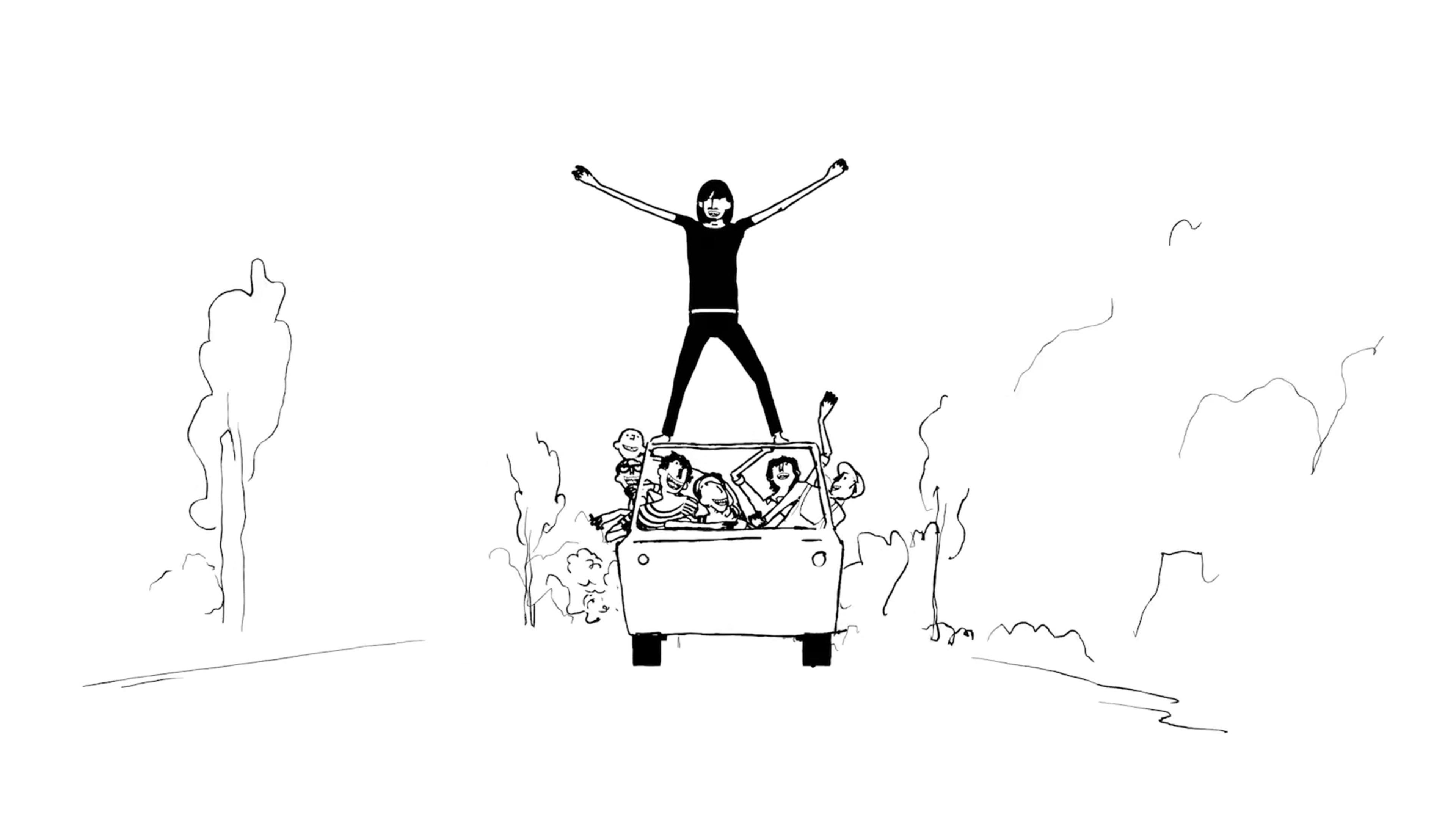 Illustration of a person standing with arms outstretched on a car roof filled with cheering people, trees in the background.