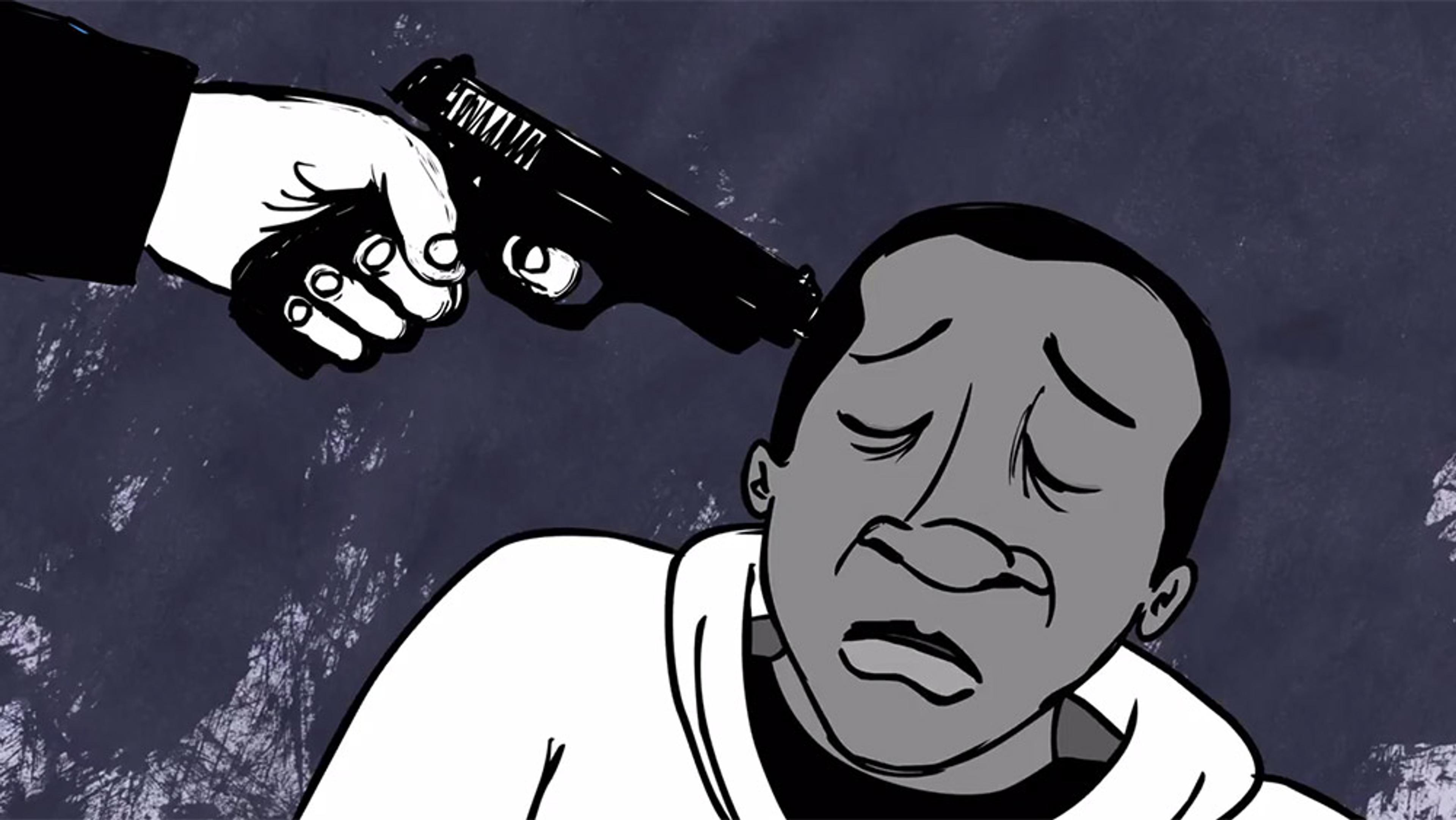 Illustration of a hand holding a gun to the head of a distressed Black man with eyes closed, set against a dark mottled background.