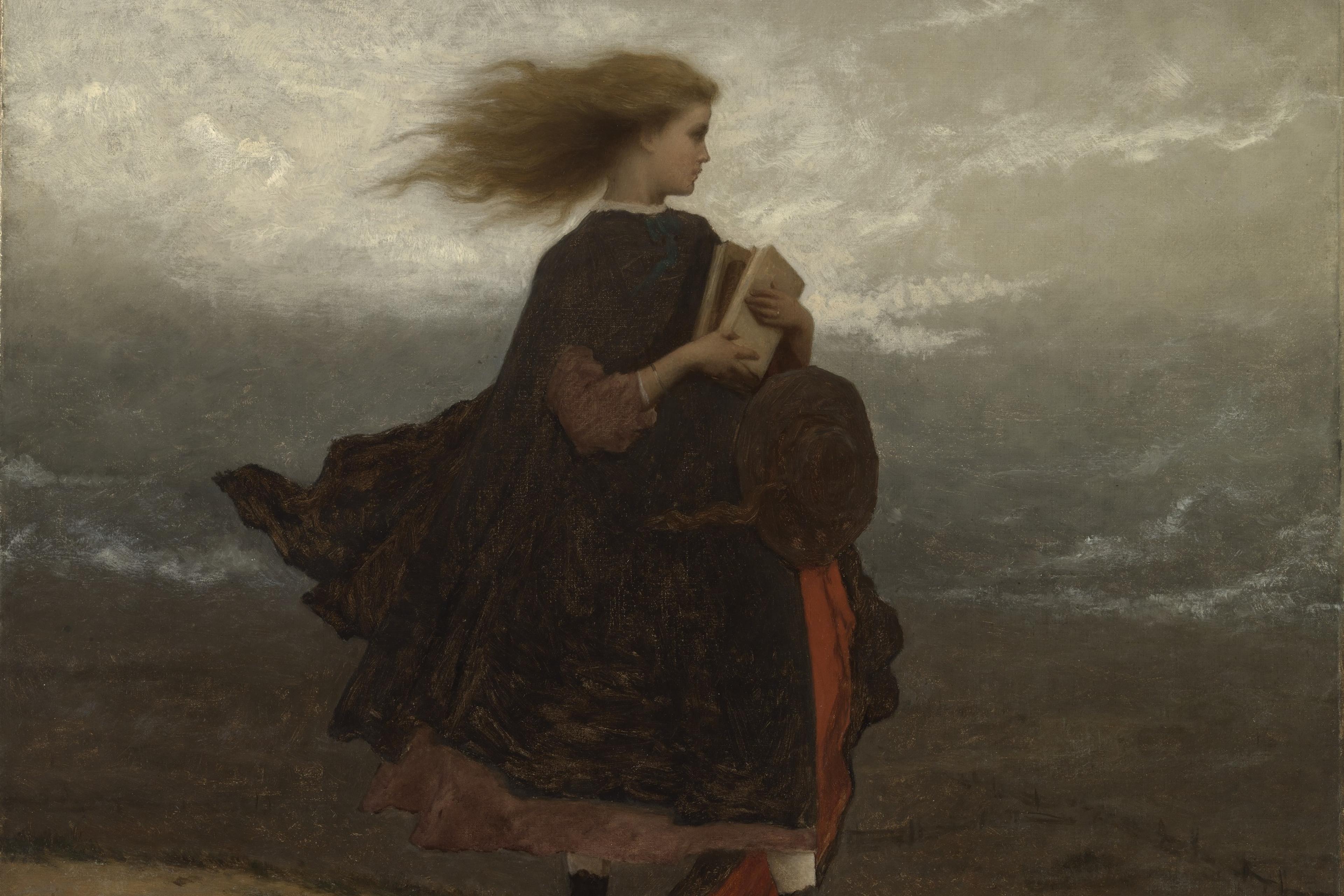 Painting of a girl with flowing hair holding books, standing on a windy path under a grey sky.