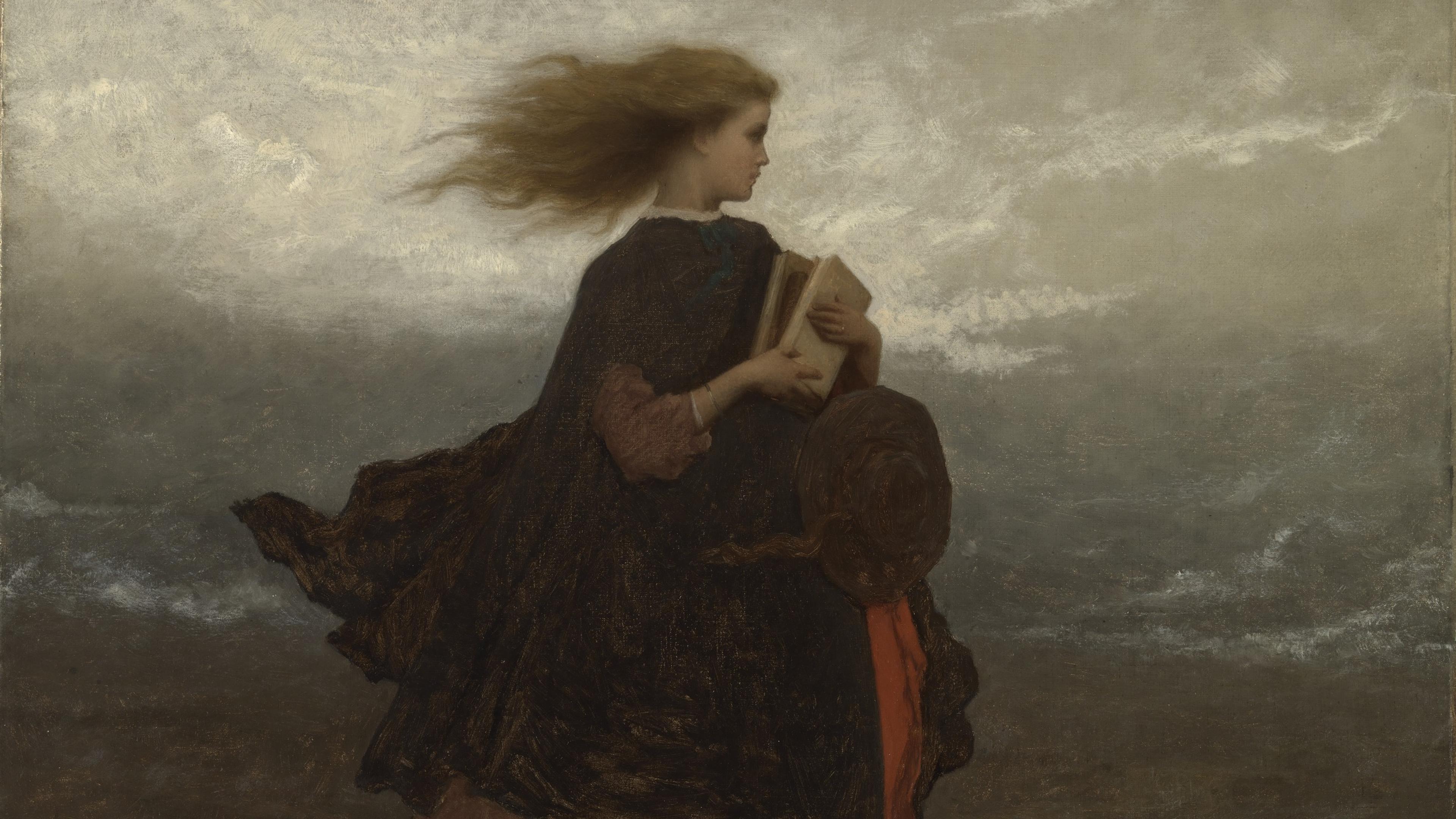 Painting of a girl with flowing hair holding books, standing on a windy path under a grey sky.