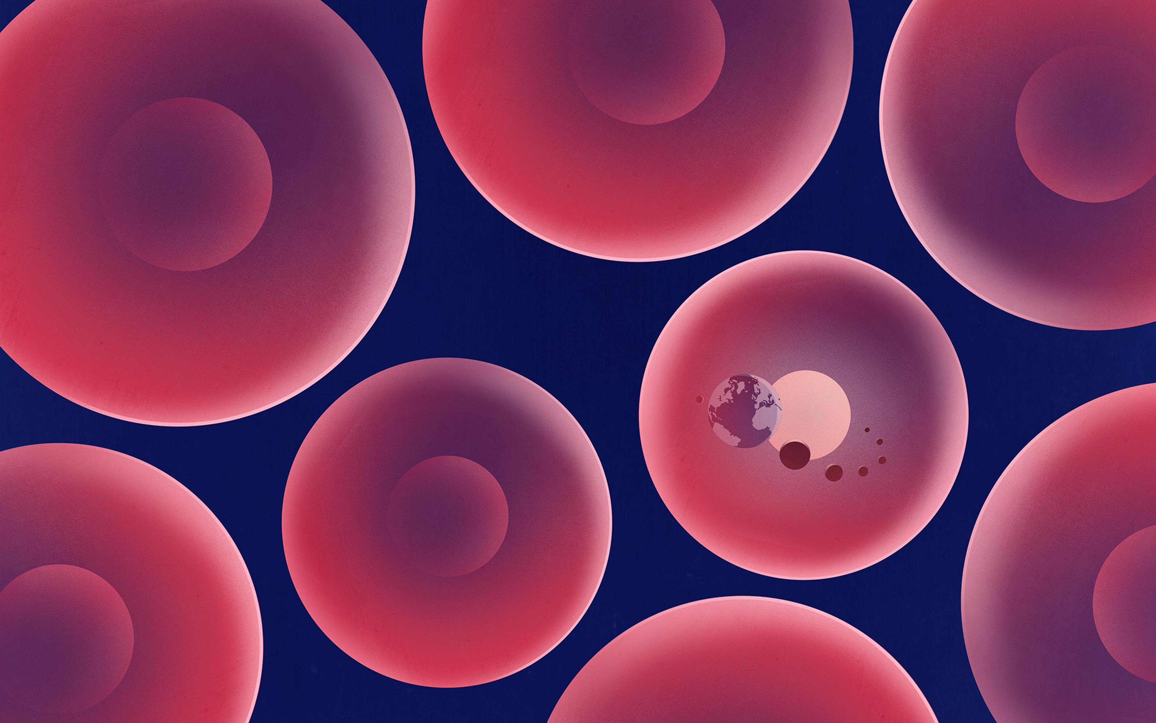 Abstract digital illustration of large red spheres with a mini planetary system inside one, set against a dark blue background