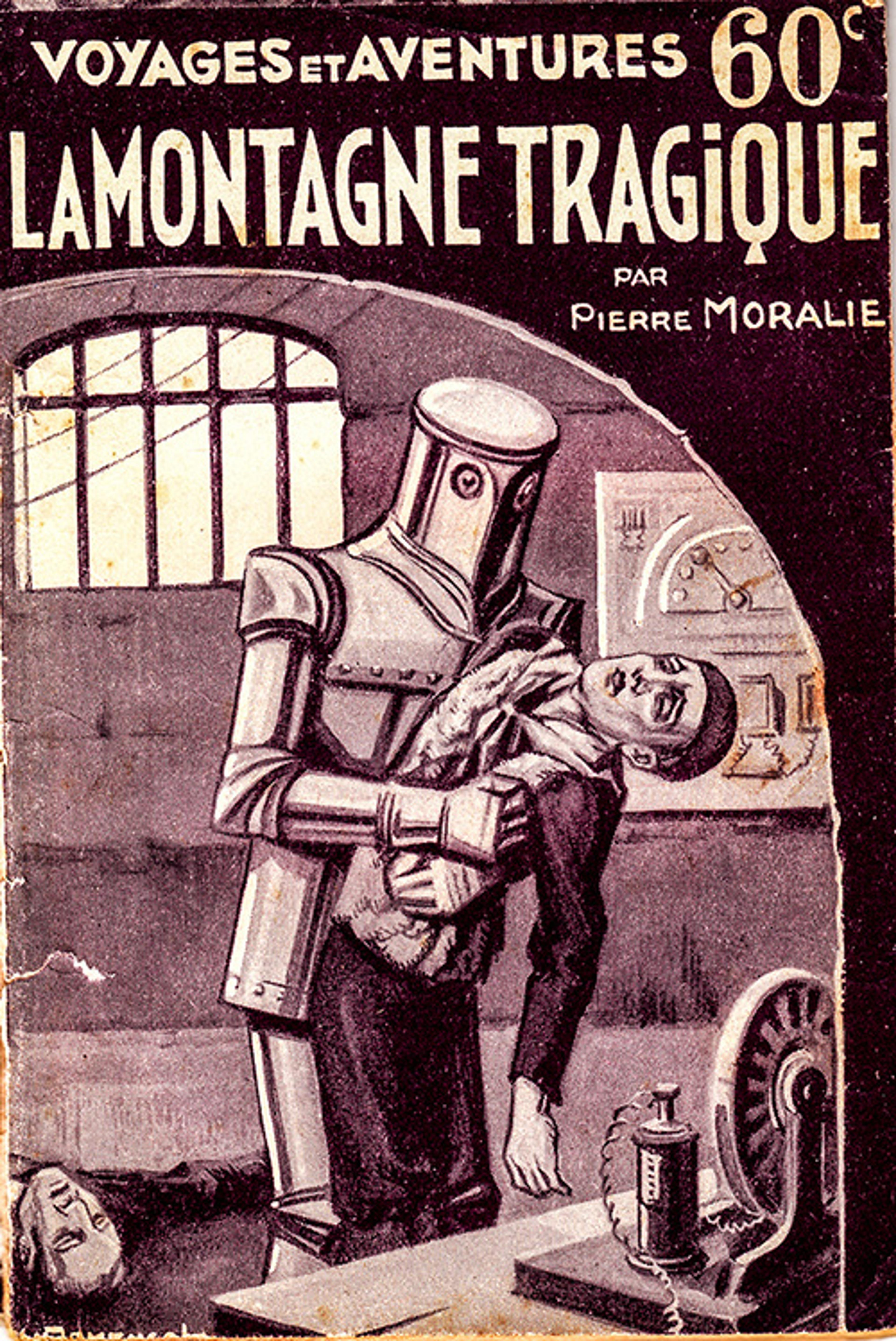 Cover illustration of a vintage French sci-fi novel featuring a robot holding a man in a dramatic scene.