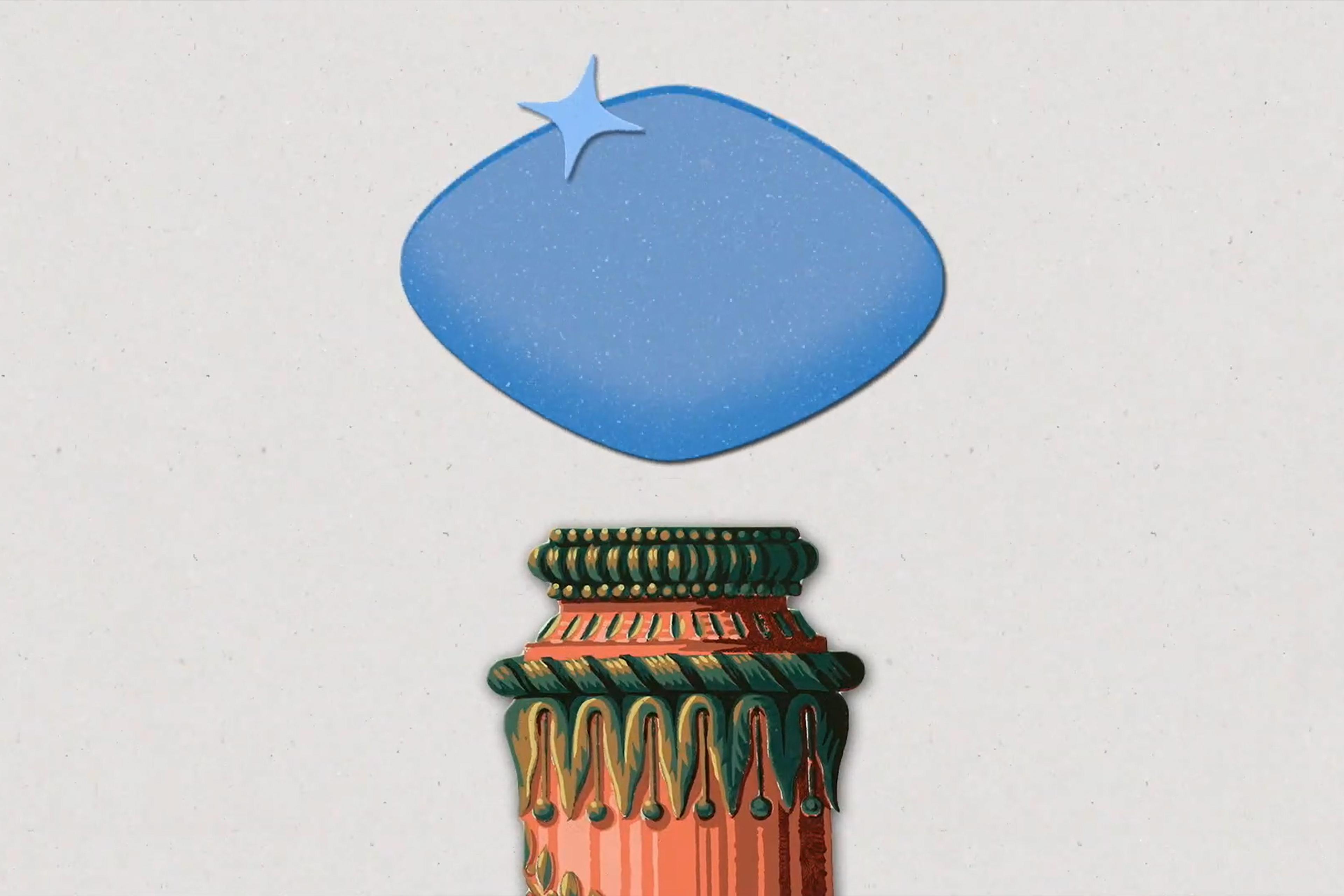 Illustration of a decorative pedestal topped with a blue starry shape on a white background.