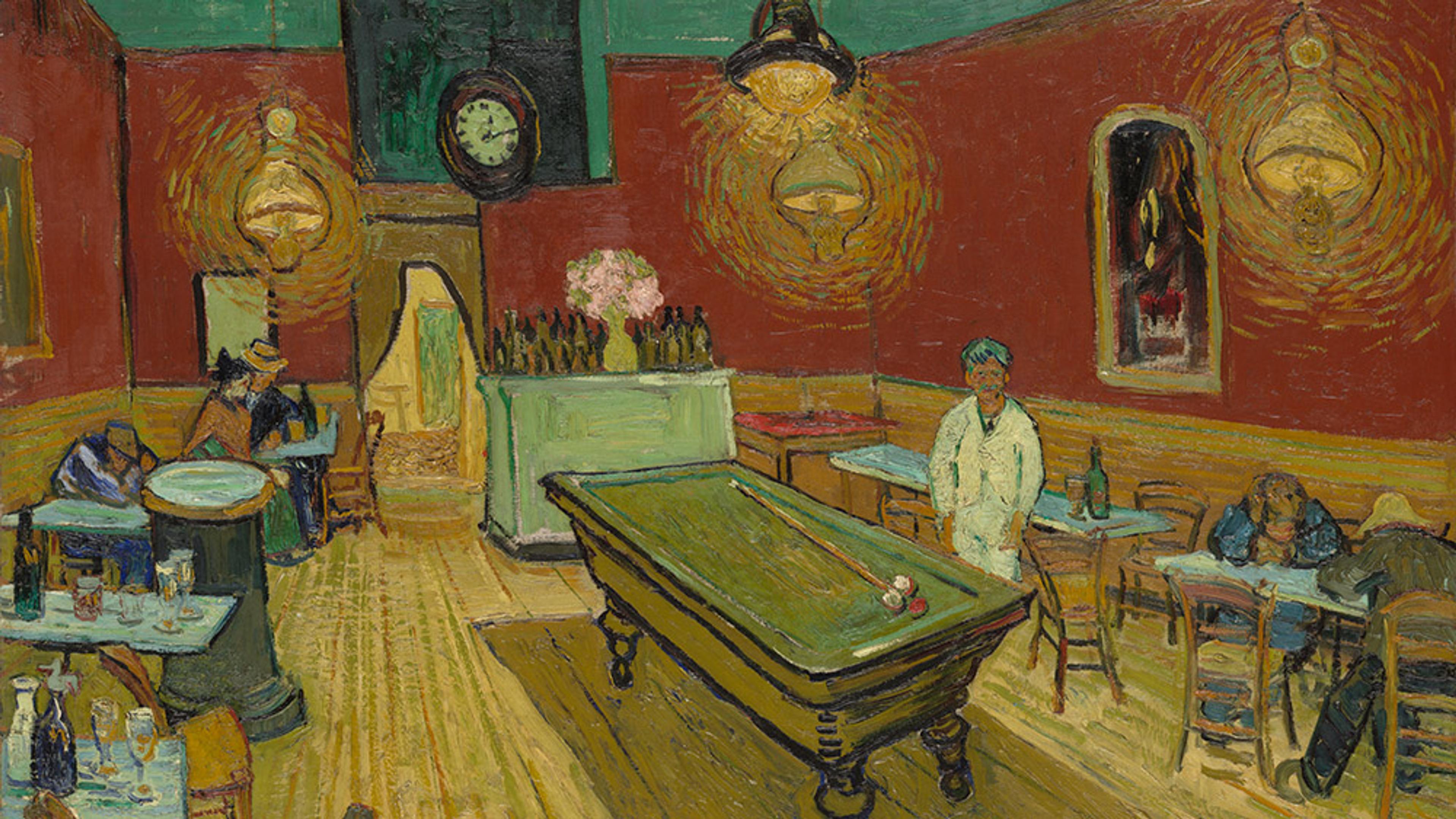 Painting of a dimly lit bar with a billiard table, several patrons at tables, and a clock on the wall above a door.