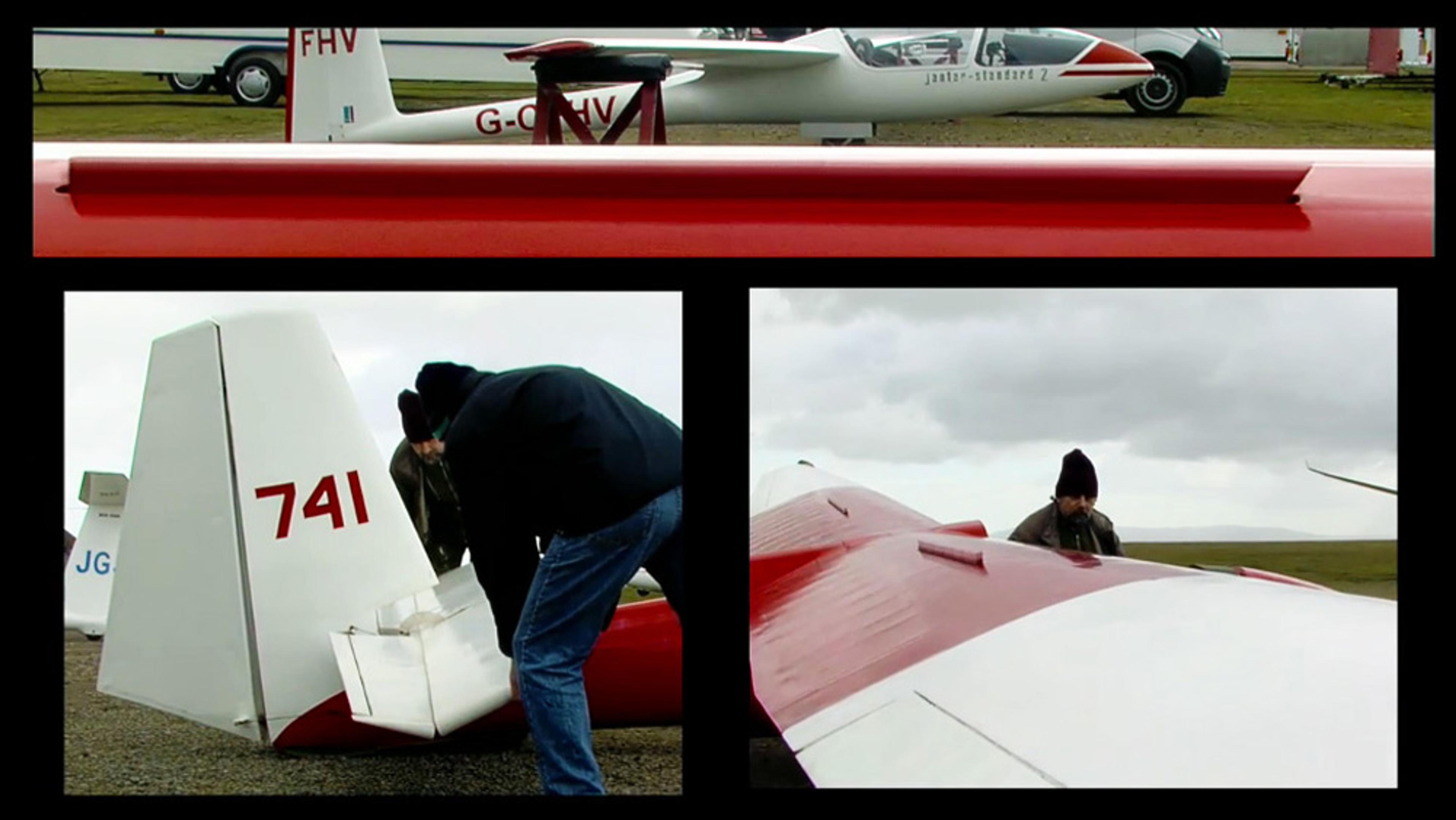 Photo collage of gliders being inspected. Upper section shows a parked glider. Lower sections show men working on two gliders numbered ‘741’.