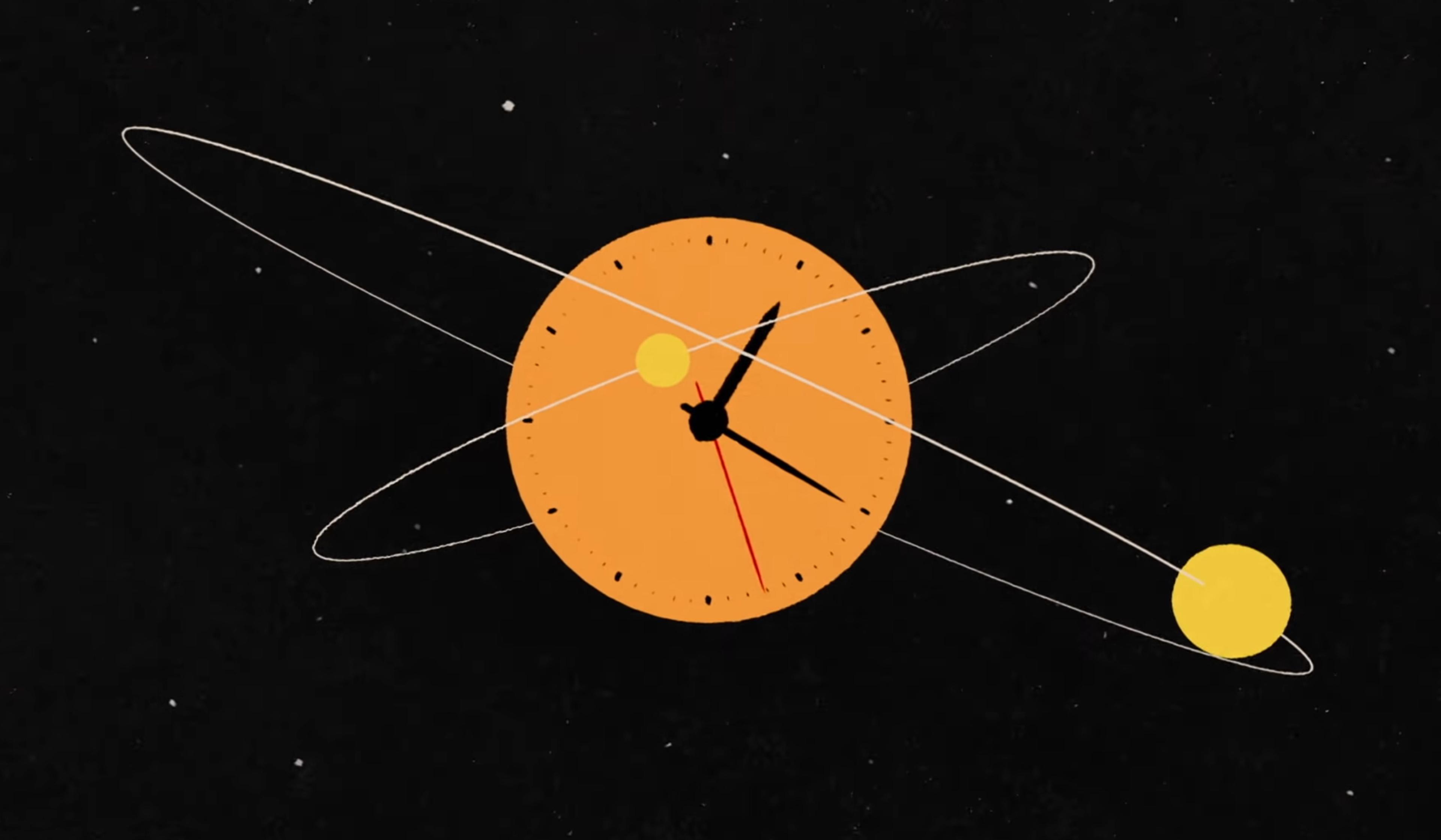Digital illustration of an orange clock on a black background with two yellow spheres and elliptical orbits, resembling a solar system.