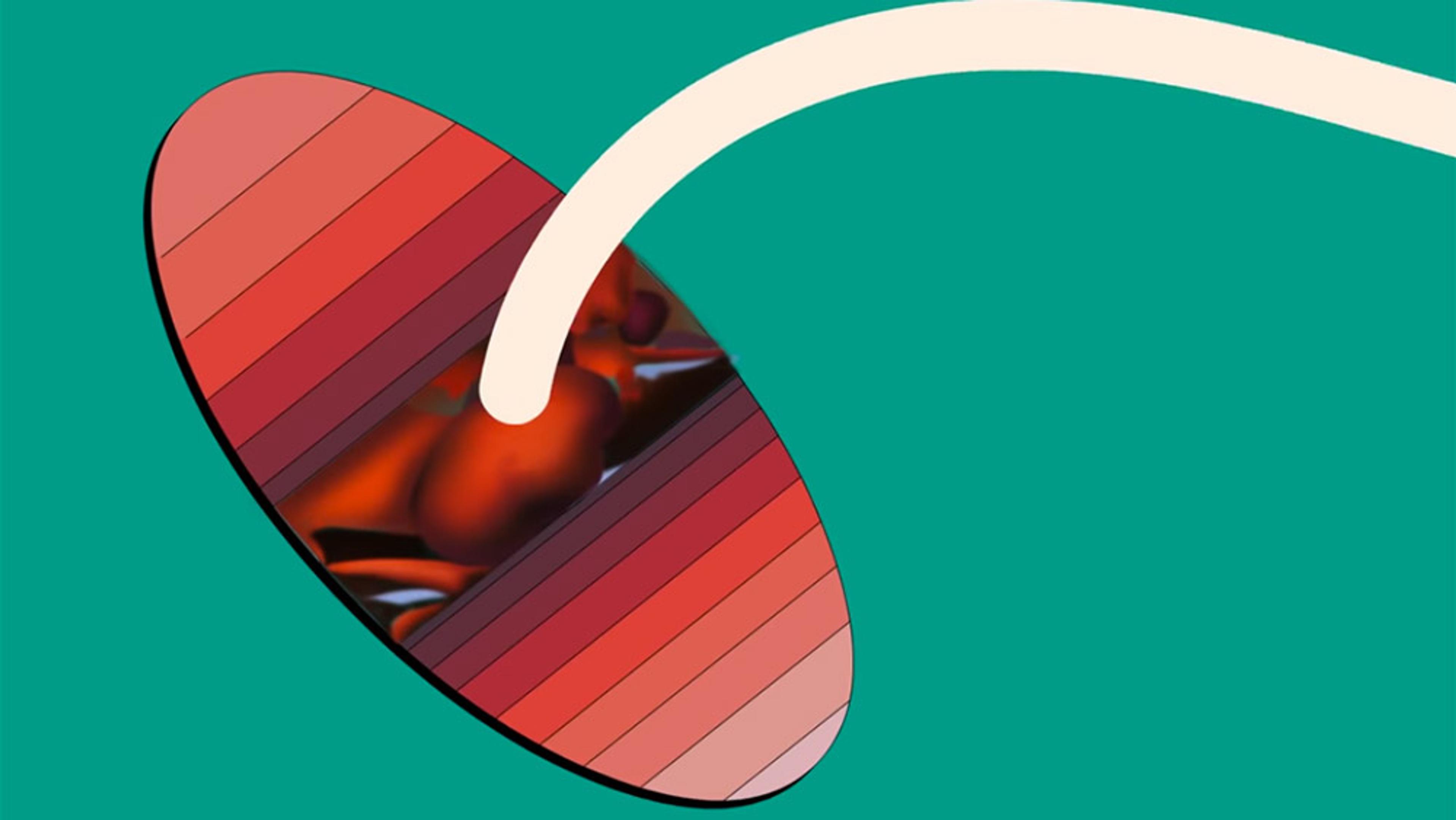 Abstract digital art showing a striped, oval shape with shades of red connected with a cream-coloured line on a teal background.