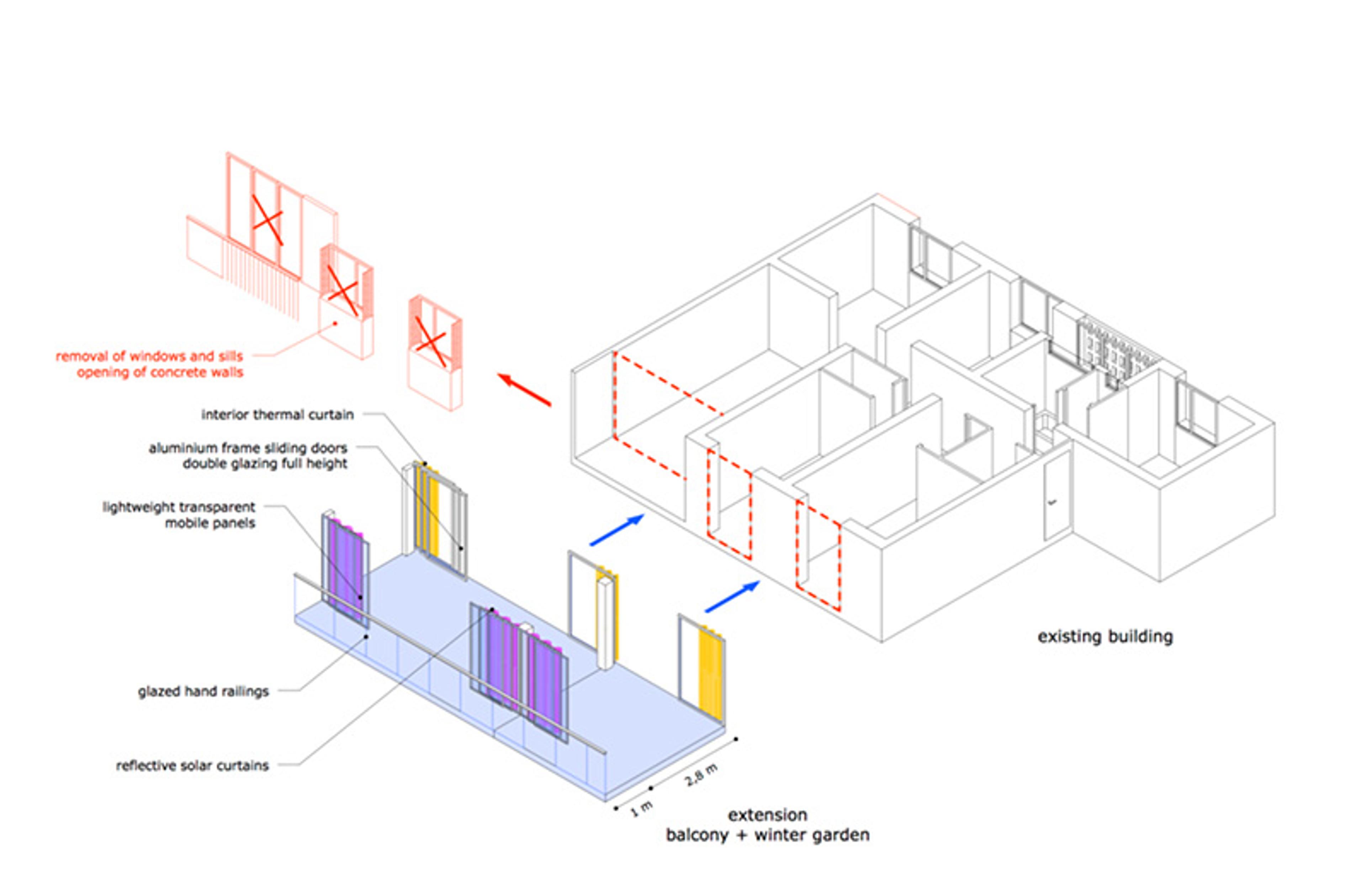 Isometric architectural drawing of an existing building with a proposed balcony and winter garden extension. Diagram labels various elements.