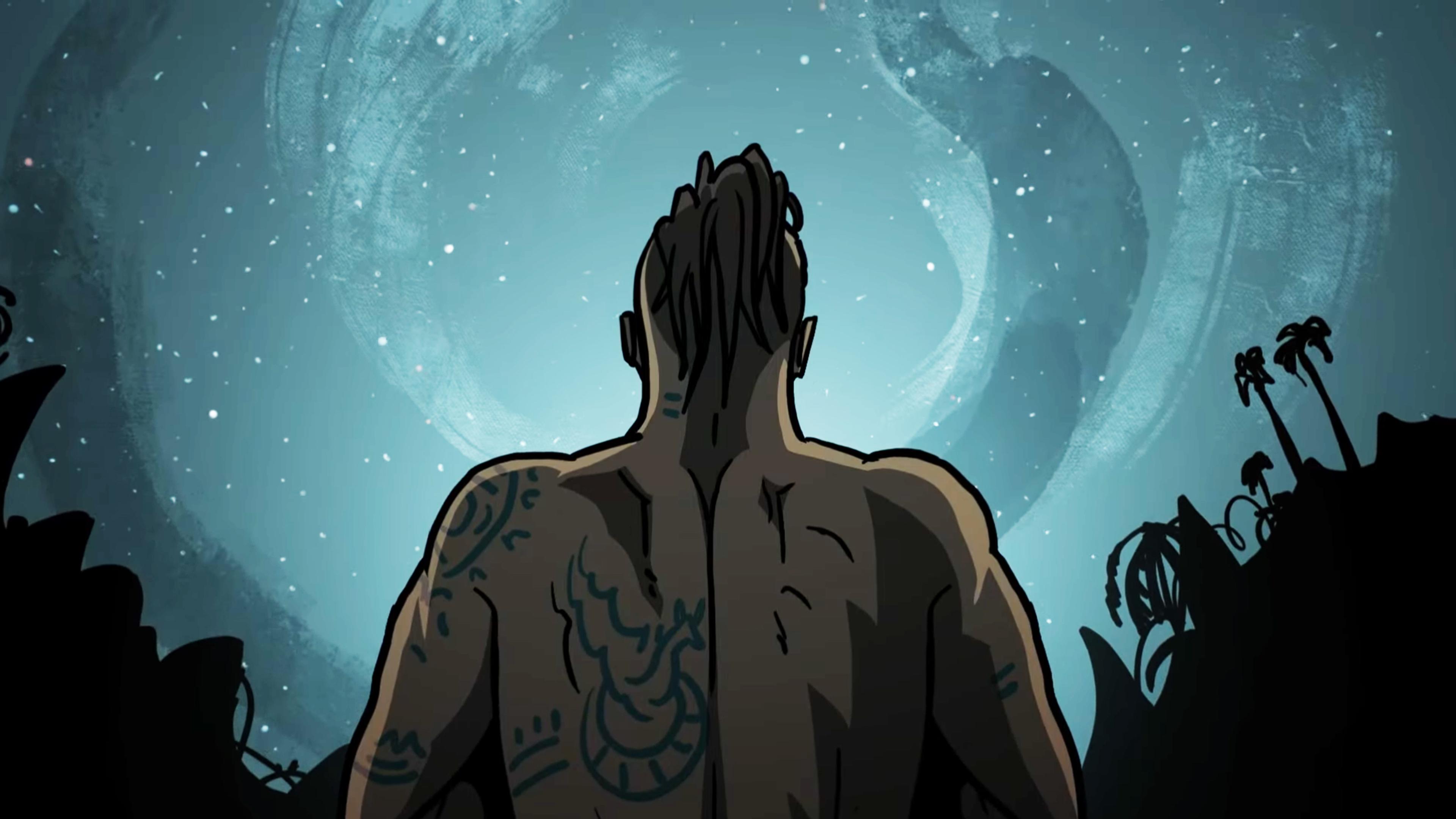 Illustration of a tattooed man from behind looking at a starry sky with trees silhouetted in the foreground.