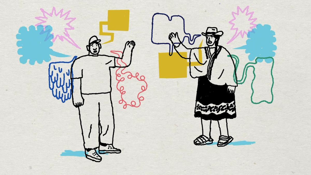 Illustration of two people high-fiving, with colourful abstract shapes around them representing conversation and connection.