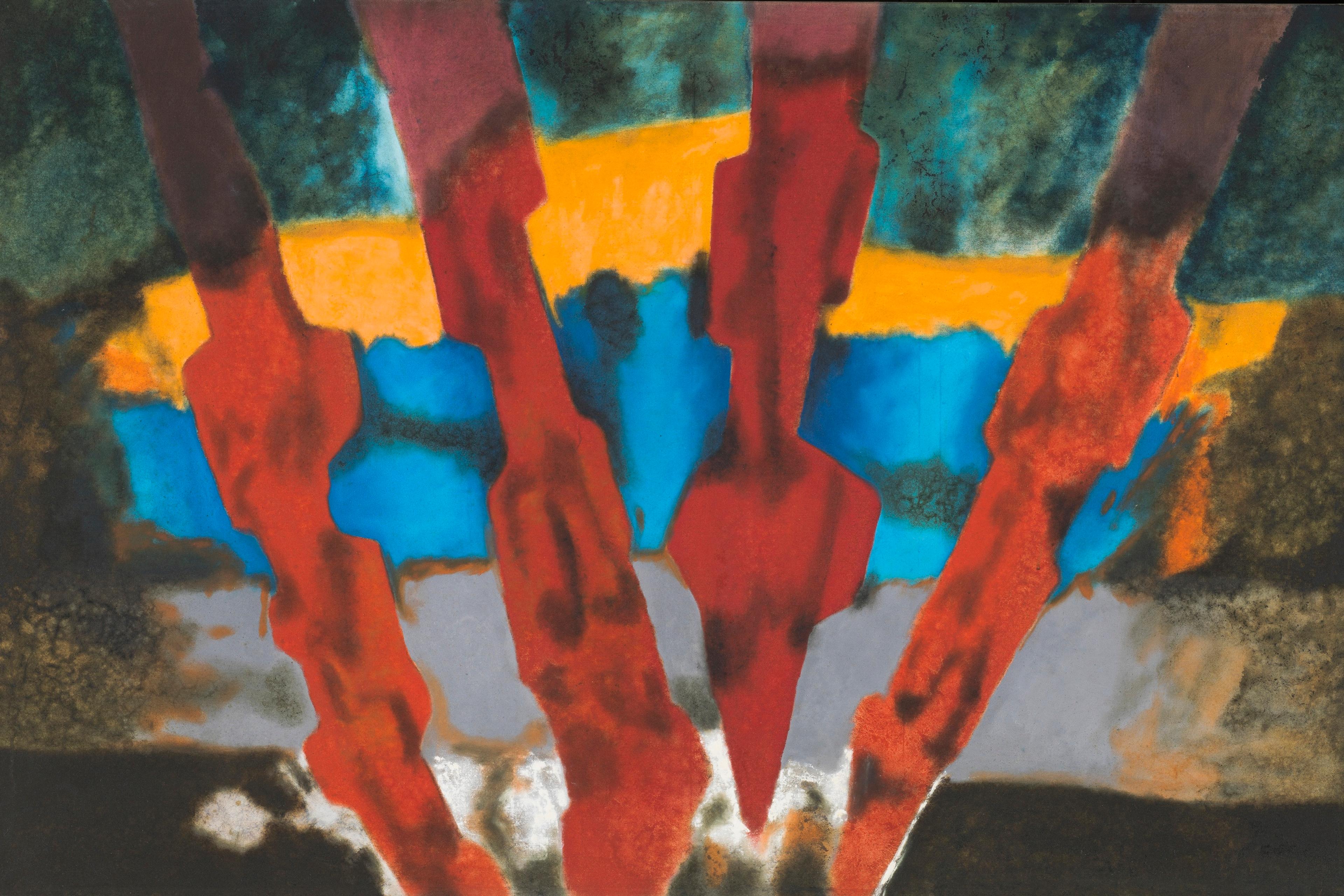 Abstract painting with bold red, blue and yellow shapes on a textured dark background.