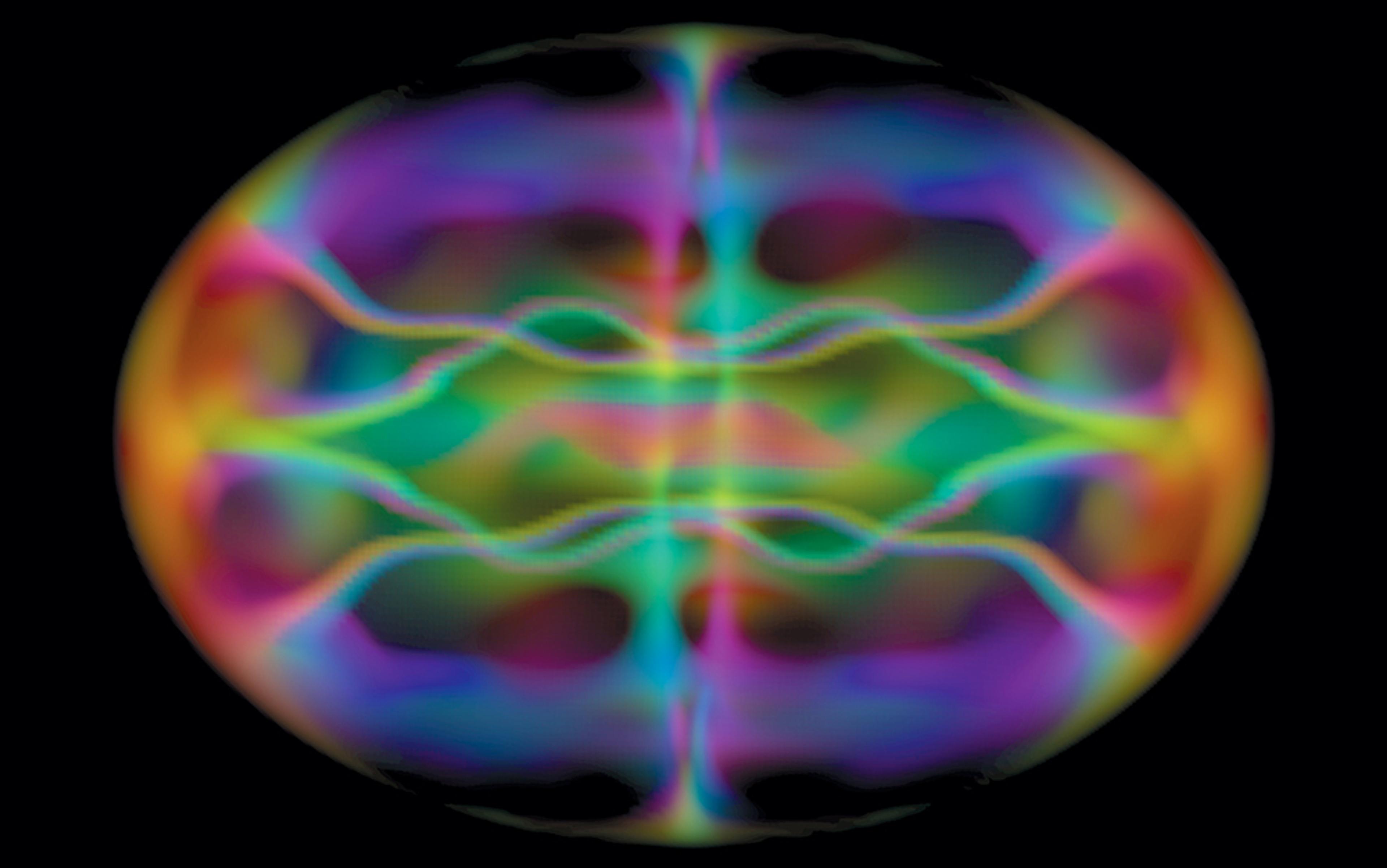 Abstract digital art with vibrant, flowing rainbow colours forming a symmetrical oval pattern on a black background.