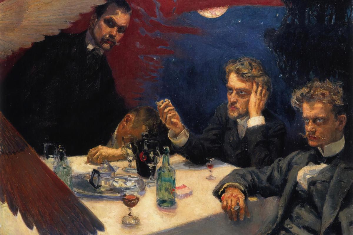 Painting of four men sitting at a table with bottles and glasses, one man leaning on the table, another looking contemplative.