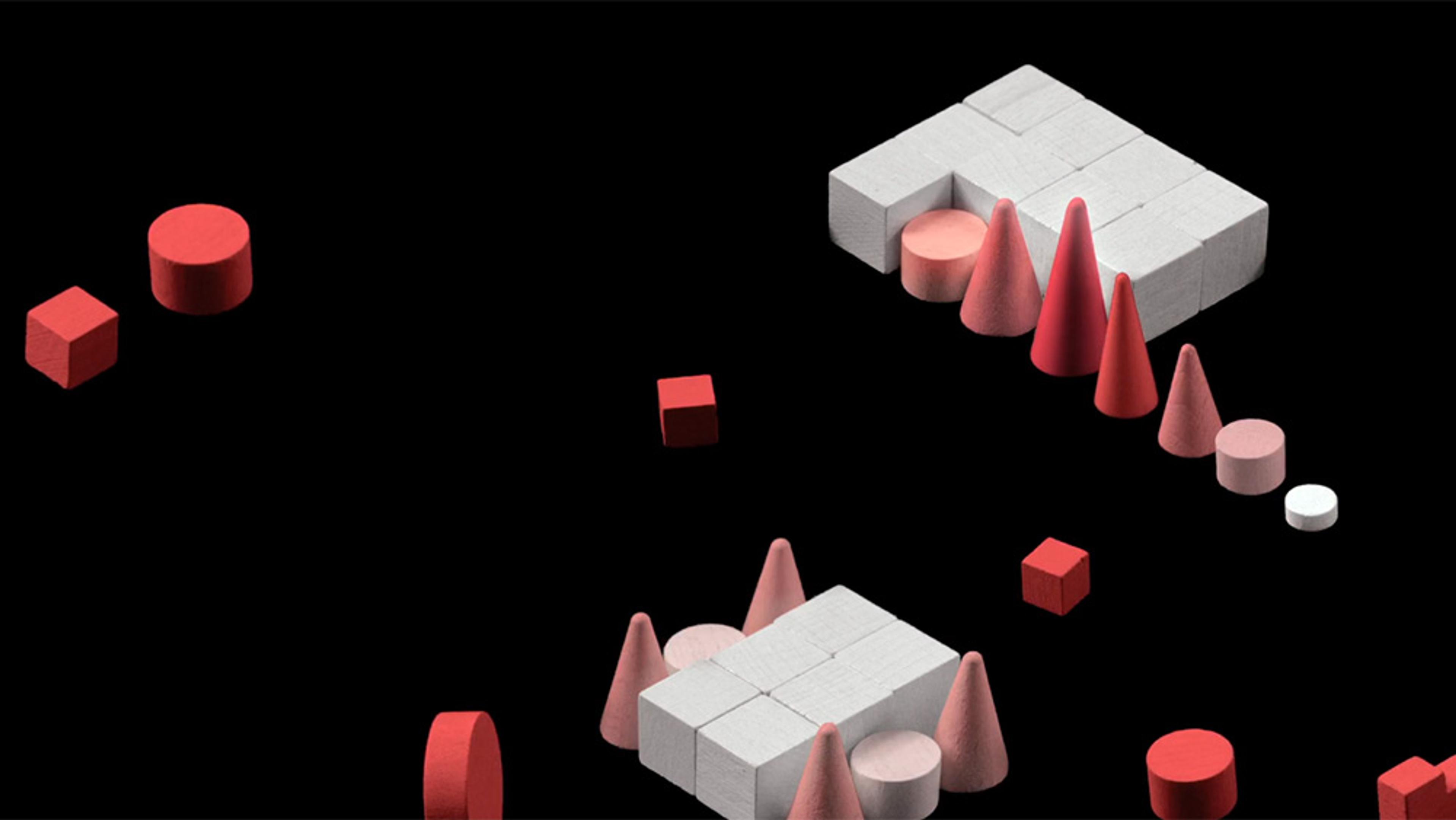 Abstract digital art of red and white geometric shapes including cubes, cones and cylinders arranged on a black background.