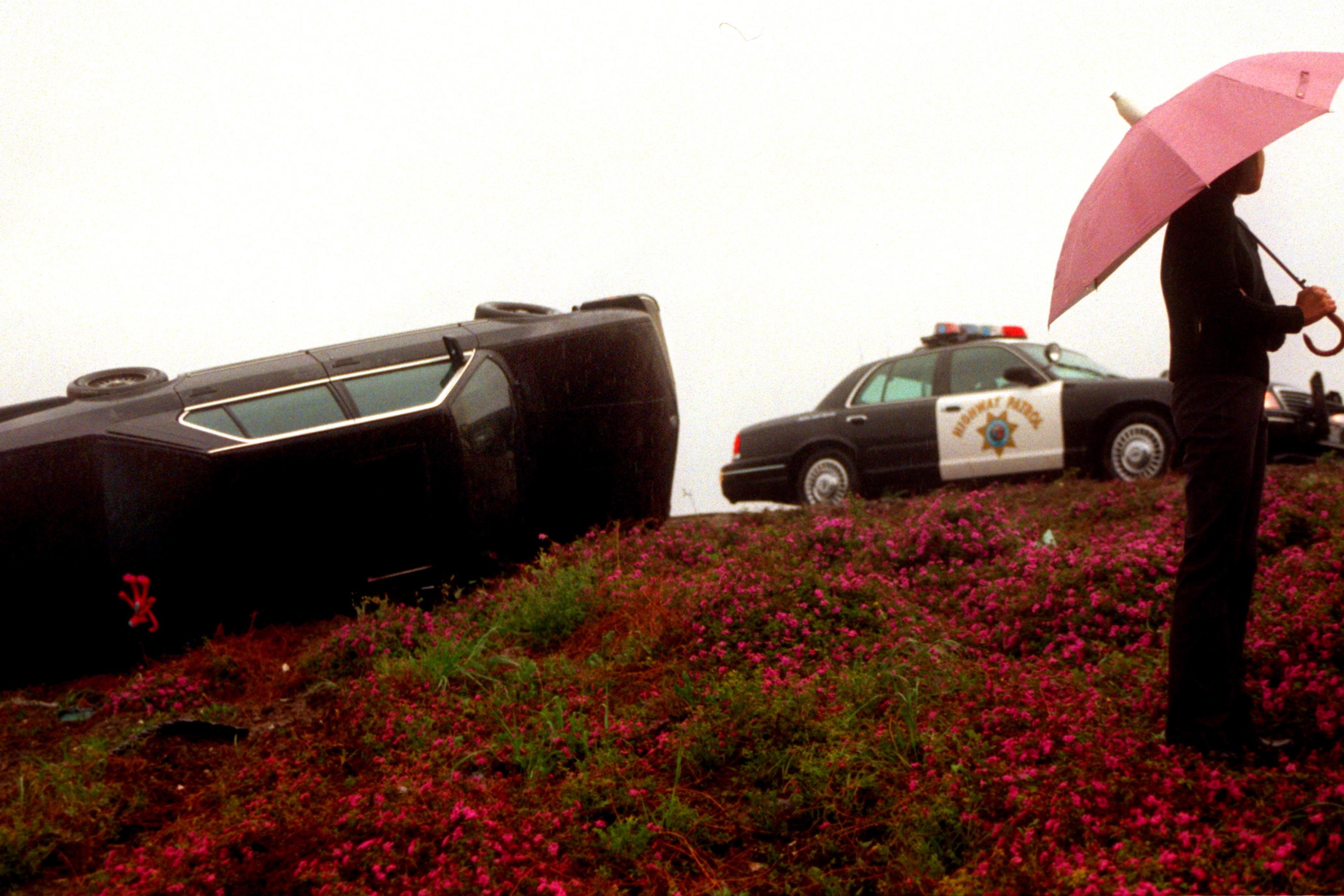 Photo of an overturned car on grass with pink flowers, a police car nearby and a person holding a pink umbrella.