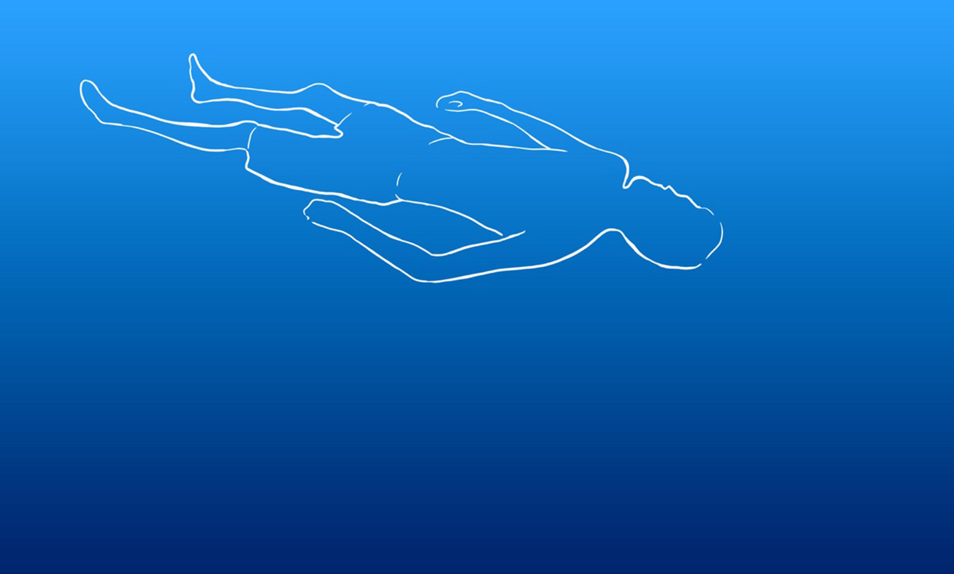 Line drawing of a person floating in blue water. The image is a simple digital illustration against a gradient background.