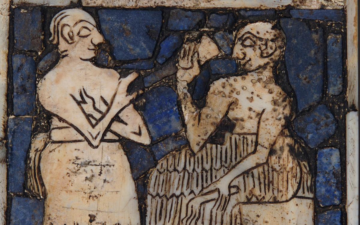 Ancient mosaic depicting two figures with instruments on a blue stone background.