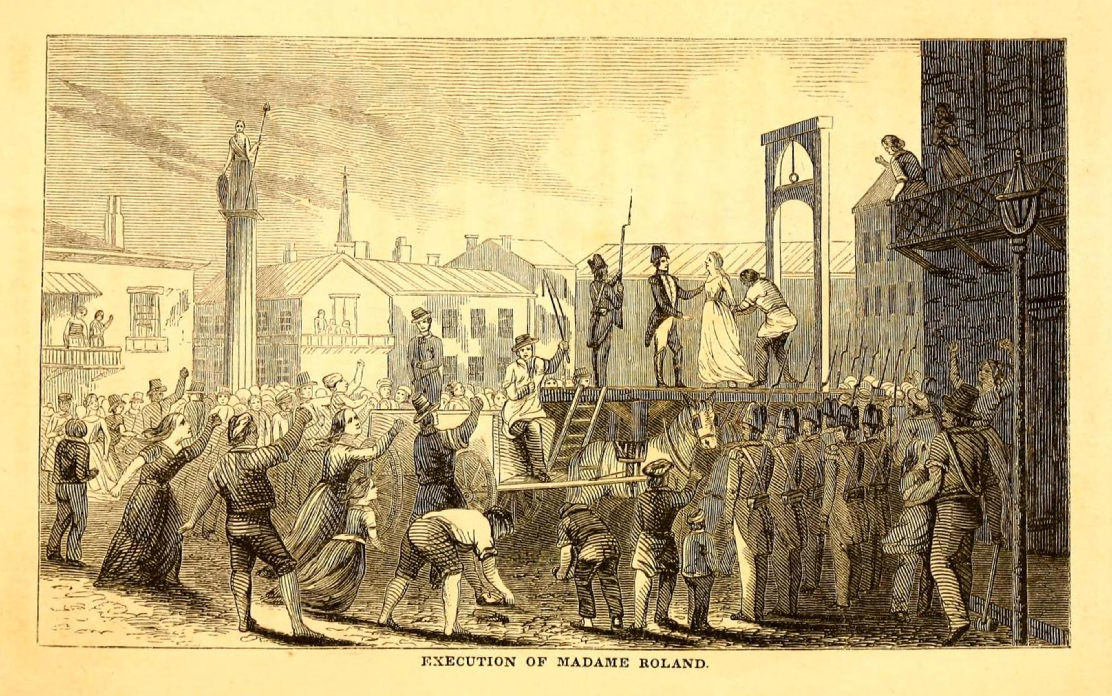 An engraving depicting the execution of Madame Roland during the French Revolution, with a guillotine and a gathering crowd.