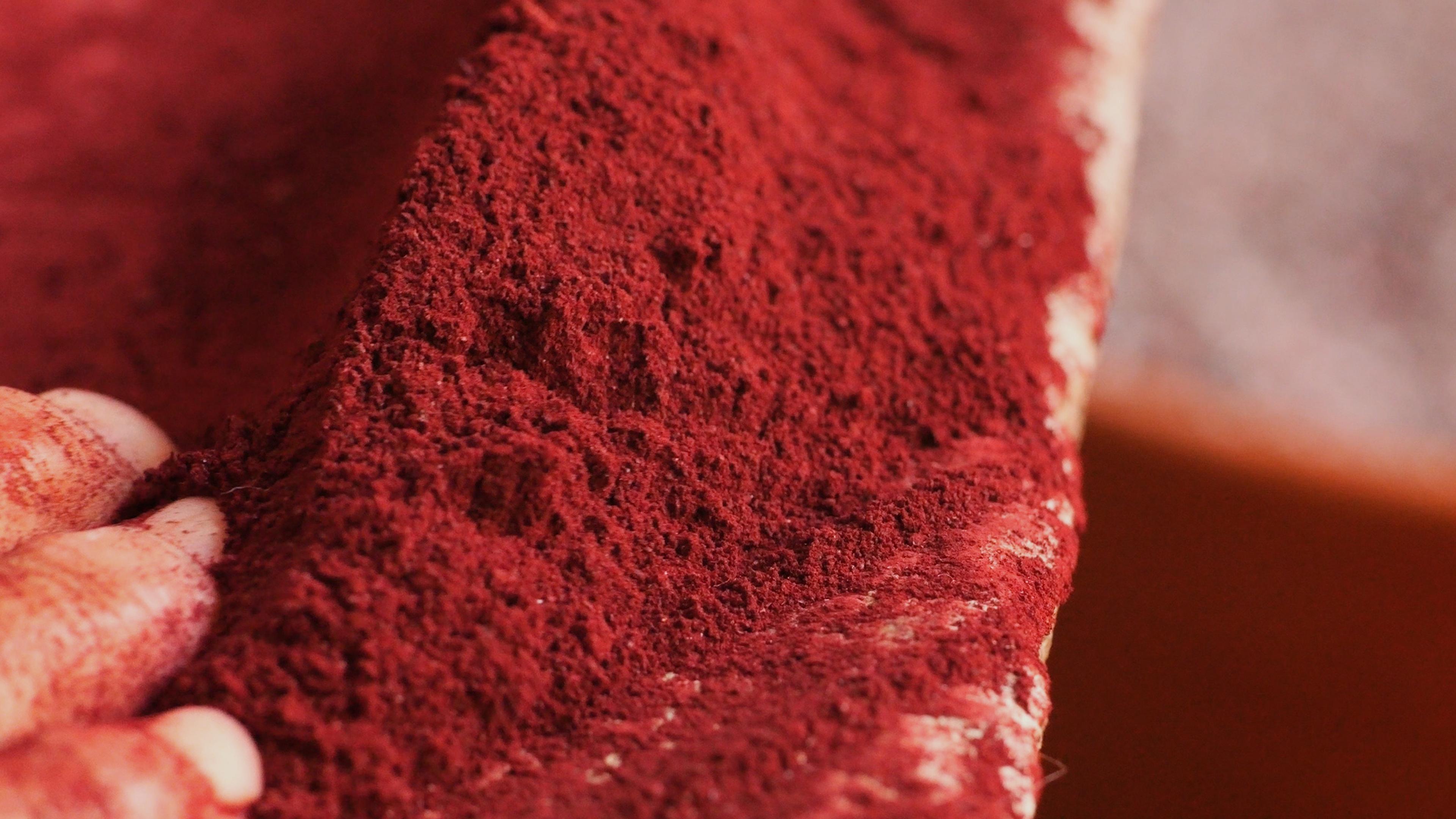 Close-up image of a hand holding a pile of vibrant red powder, possibly a spice or pigment, displaying a textured and granular surface. The background is blurred, ensuring the focus remains on the red powder and the hand.