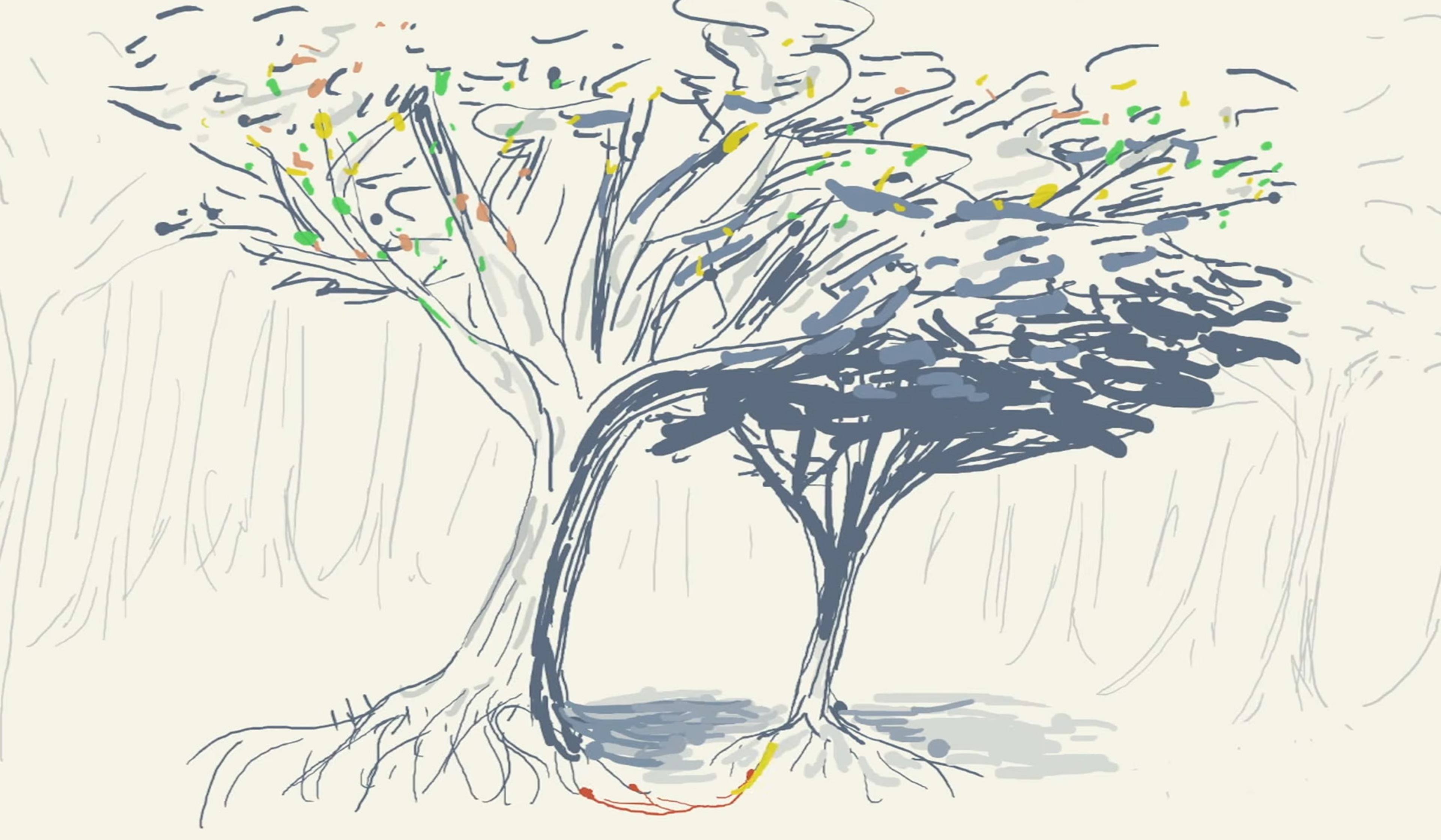 Abstract painting of two trees with intertwining branches in a forest, featuring strokes of green, yellow, and orange on a light background.