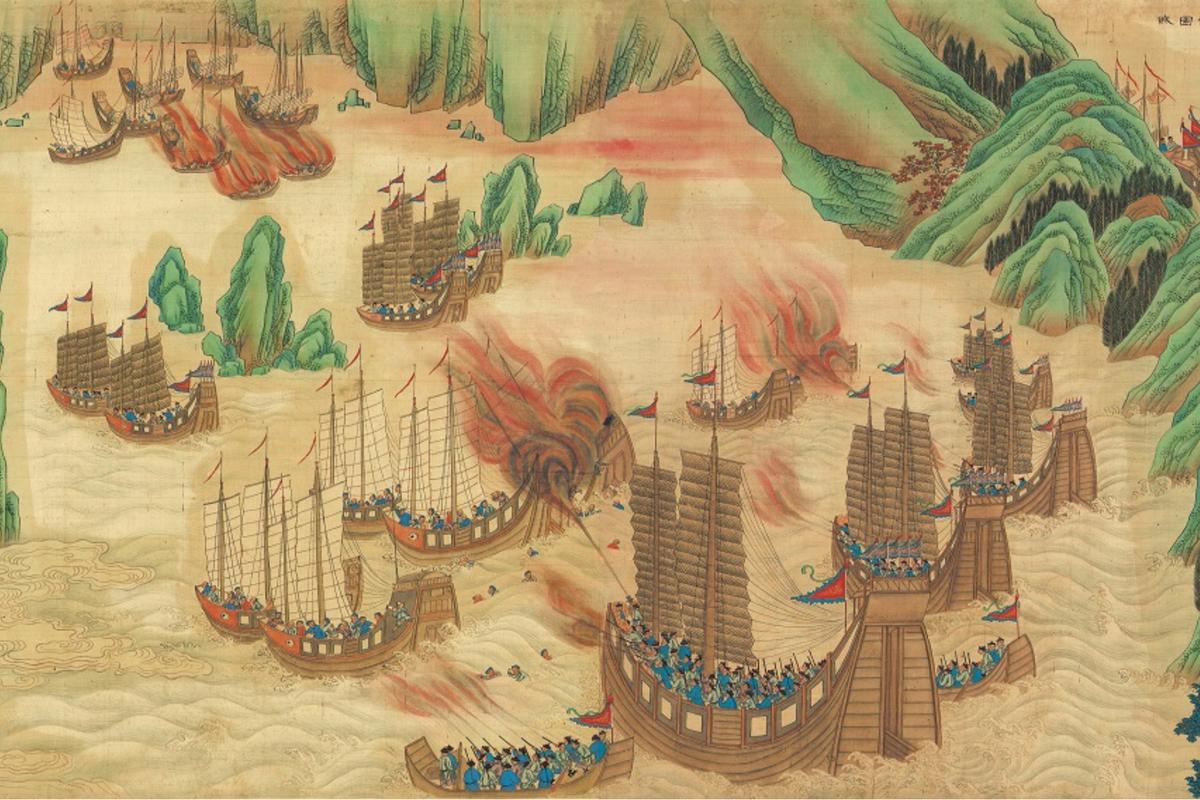 Painting of a naval battle with numerous ancient ships, surrounded by mountains and turbulent waters.