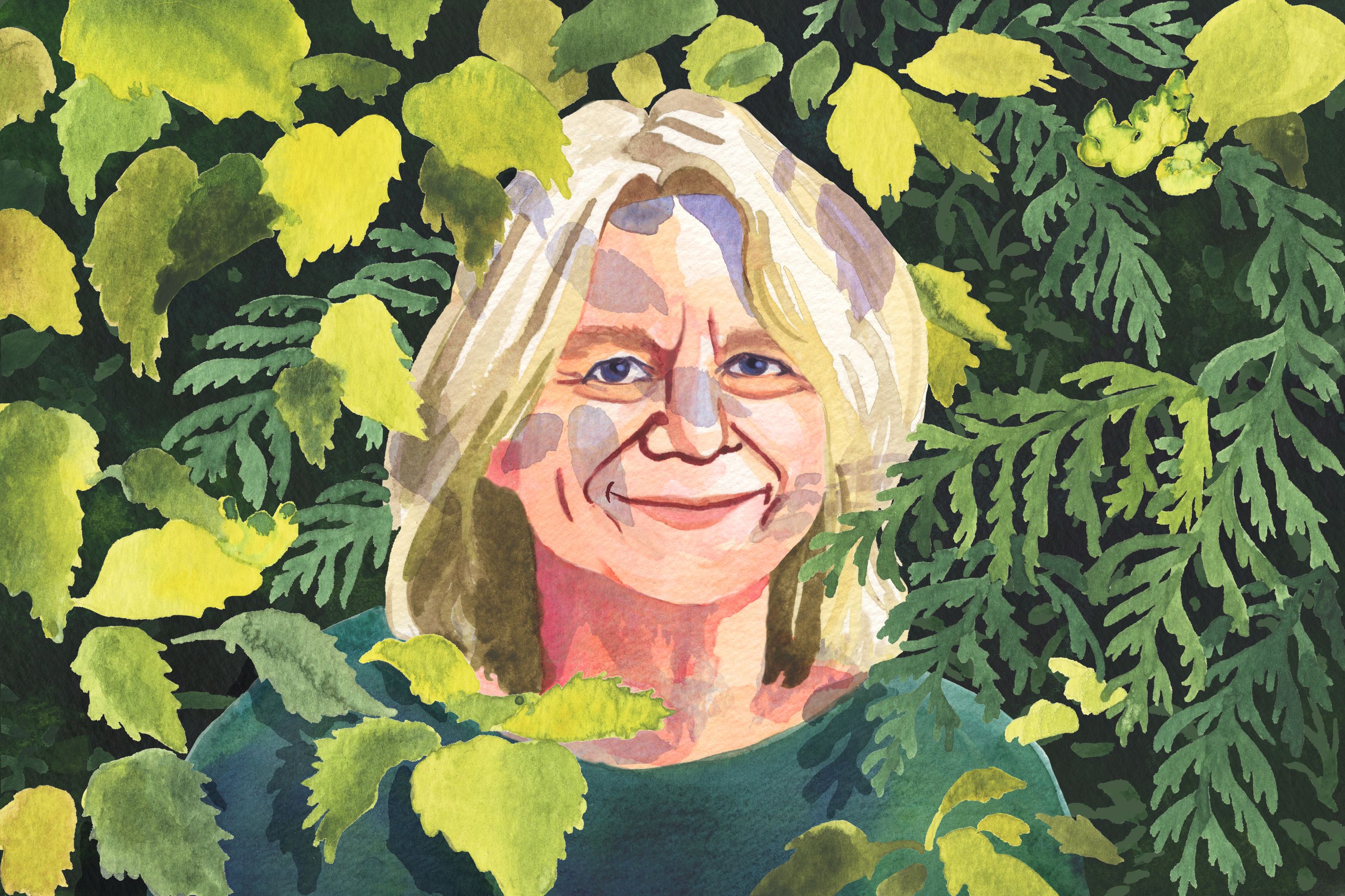 Watercolour painting of a smiling woman with blonde hair surrounded by green and yellow foliage.