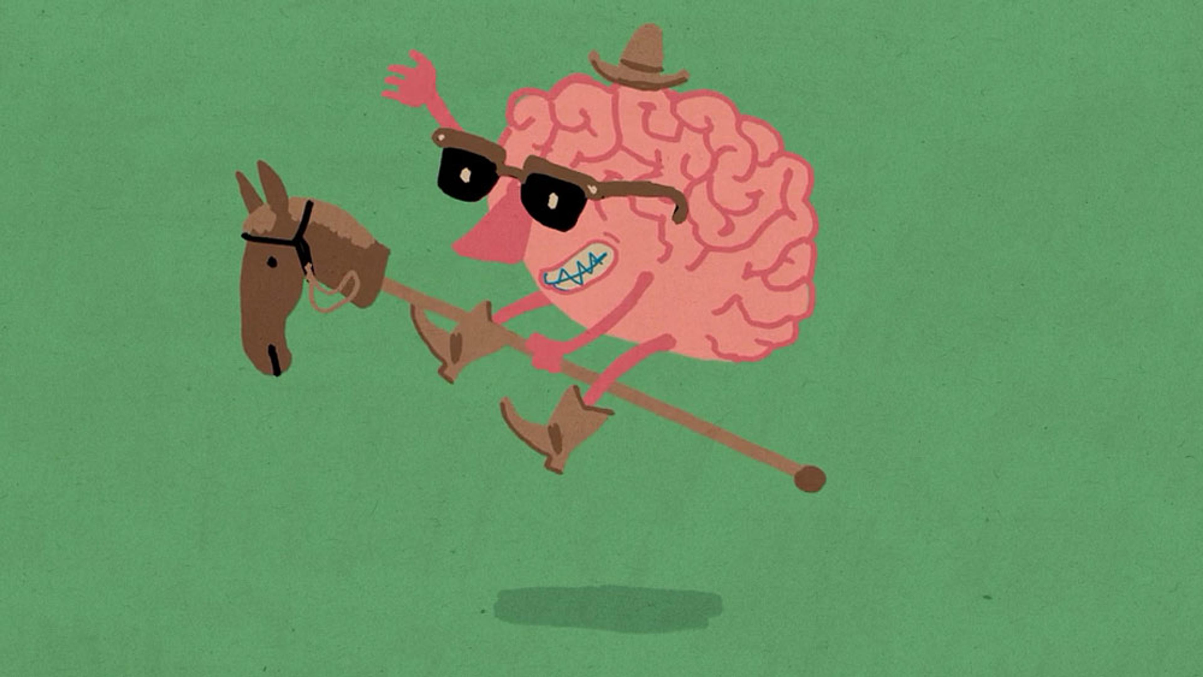 Illustration of a cartoon brain wearing sunglasses, a hat and cowboy boots, riding a stick horse against a green background.