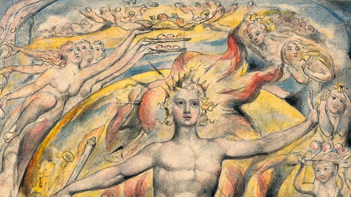 Surreal painting of a celestial figure surrounded by angels and clouds, with vivid colours and dynamic movement.