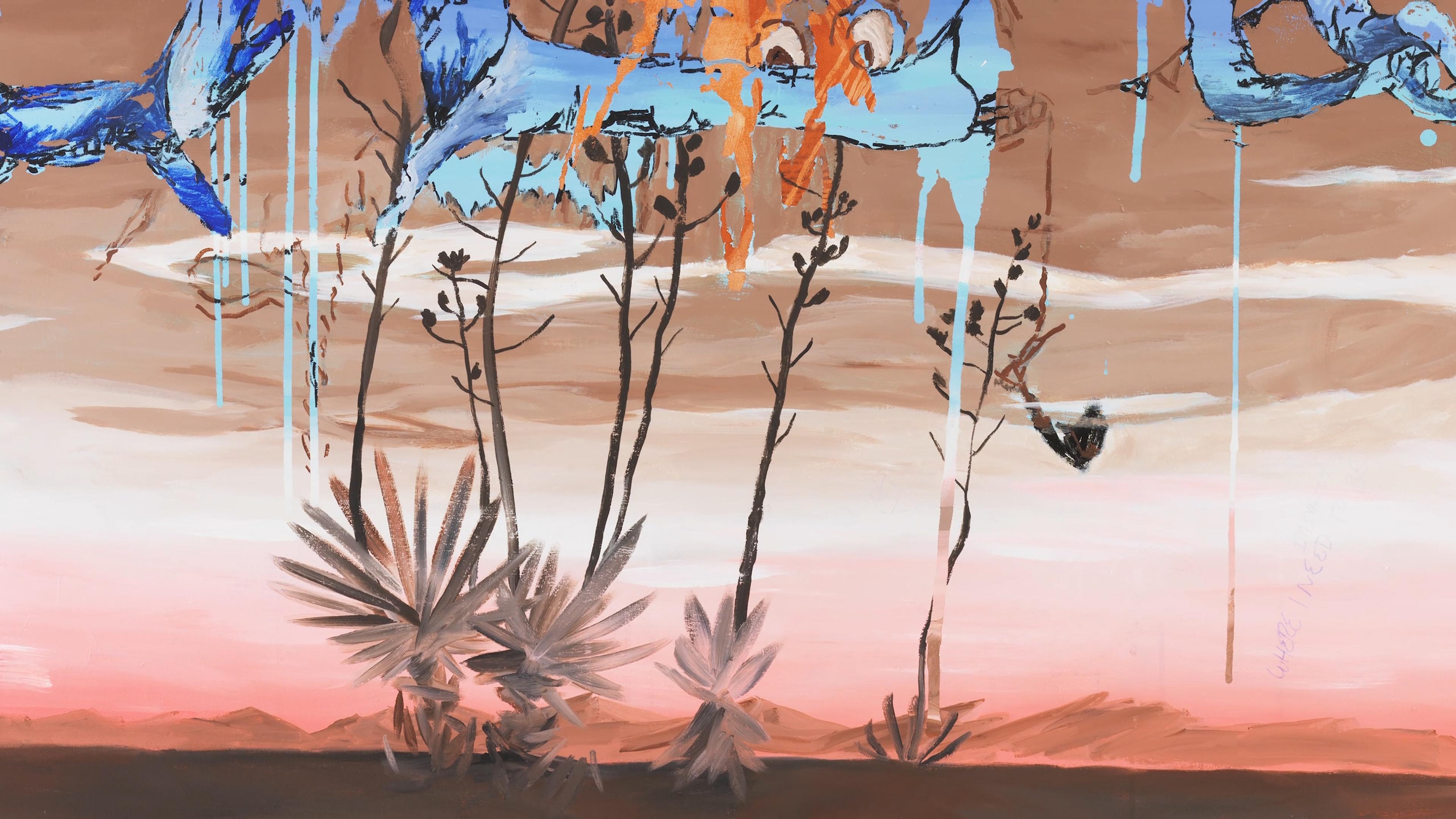 Painting of abstract blue and orange shapes on top of a pink and beige background with black plants