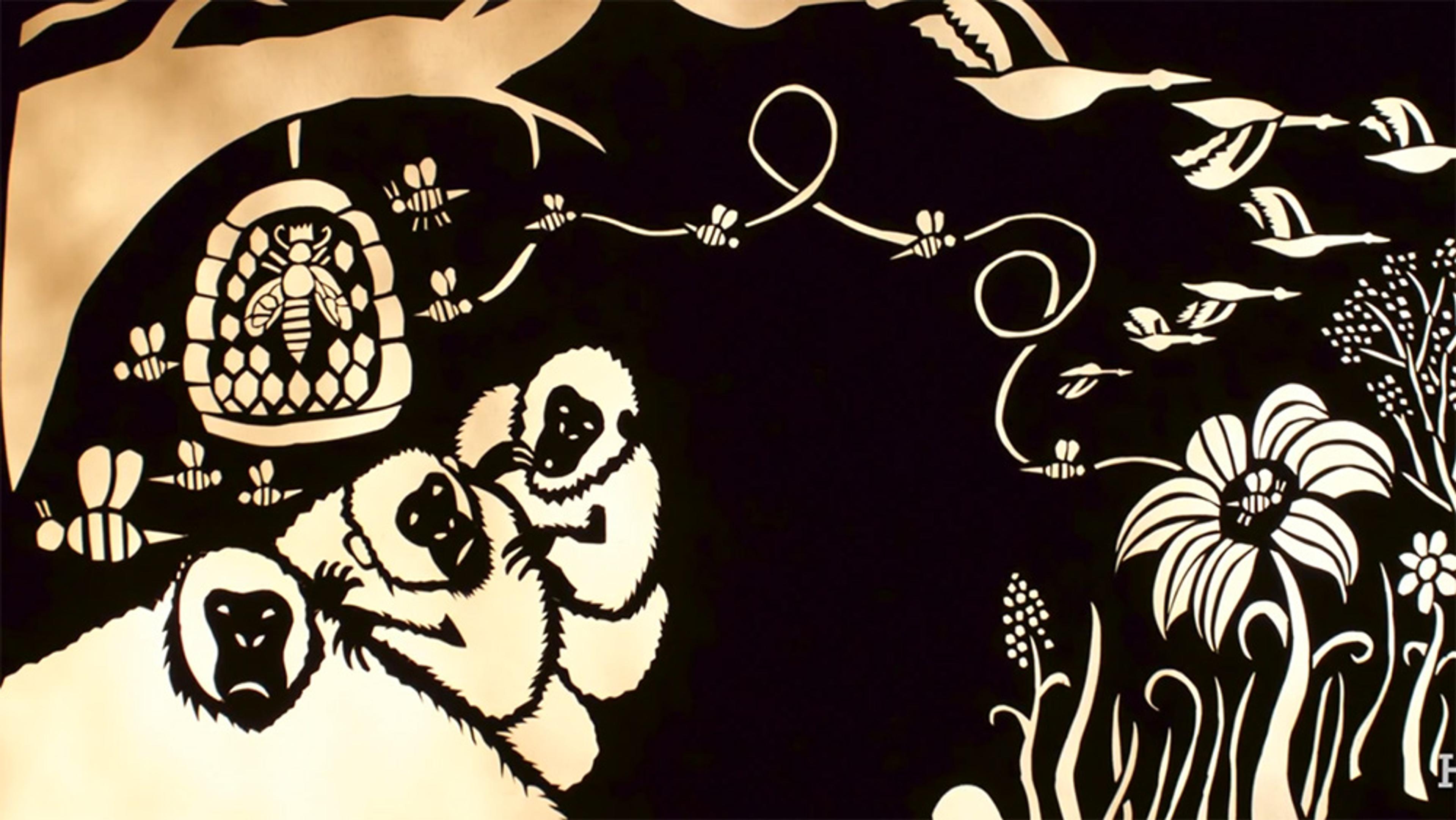 Silhouette illustration of three monkeys under a tree with a beehive, bees and flowers.