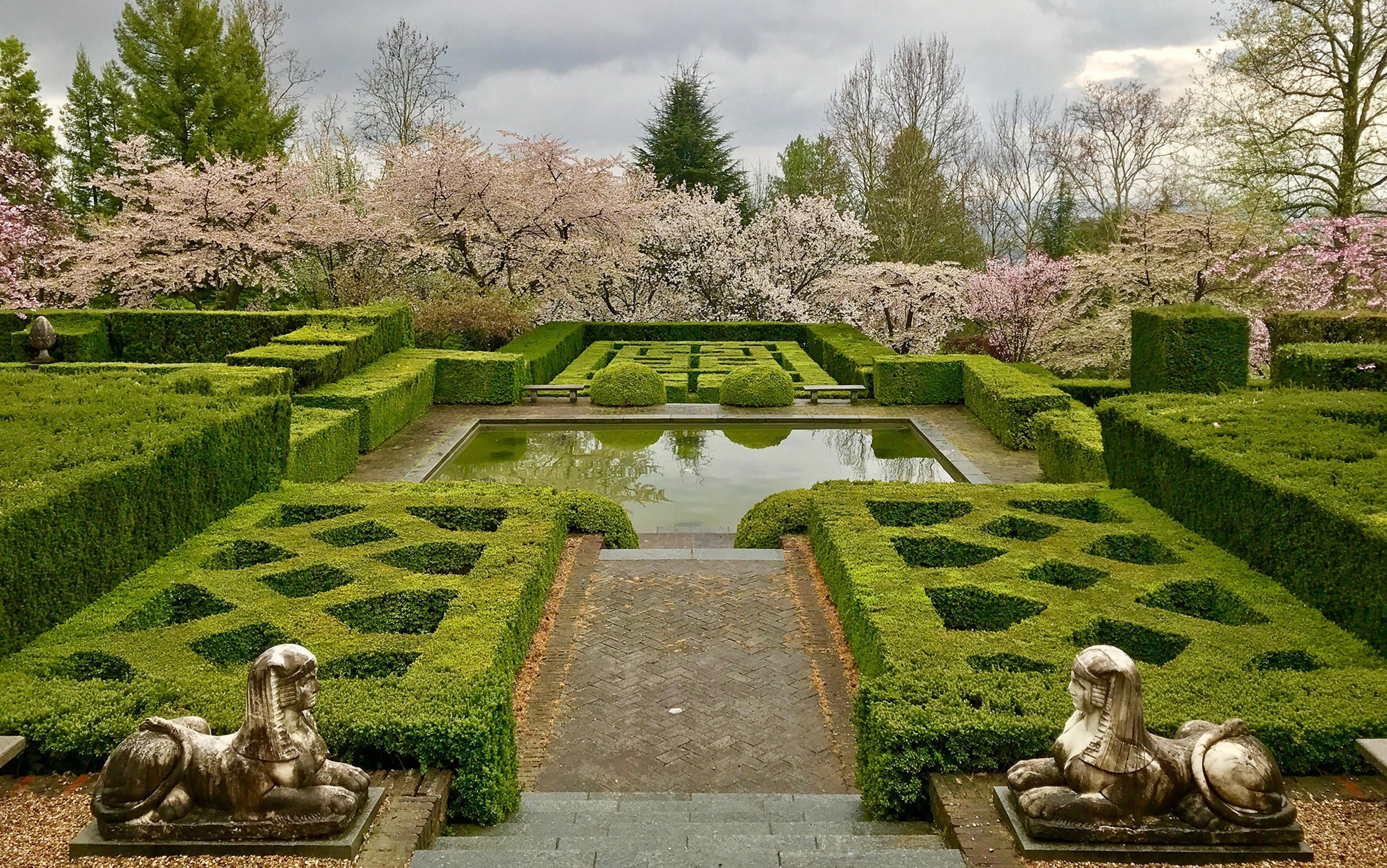 Two sphinx-like statues foreground an intricate formal garden of geometric hedges and a square pond. In the background are cherry trees in bloom