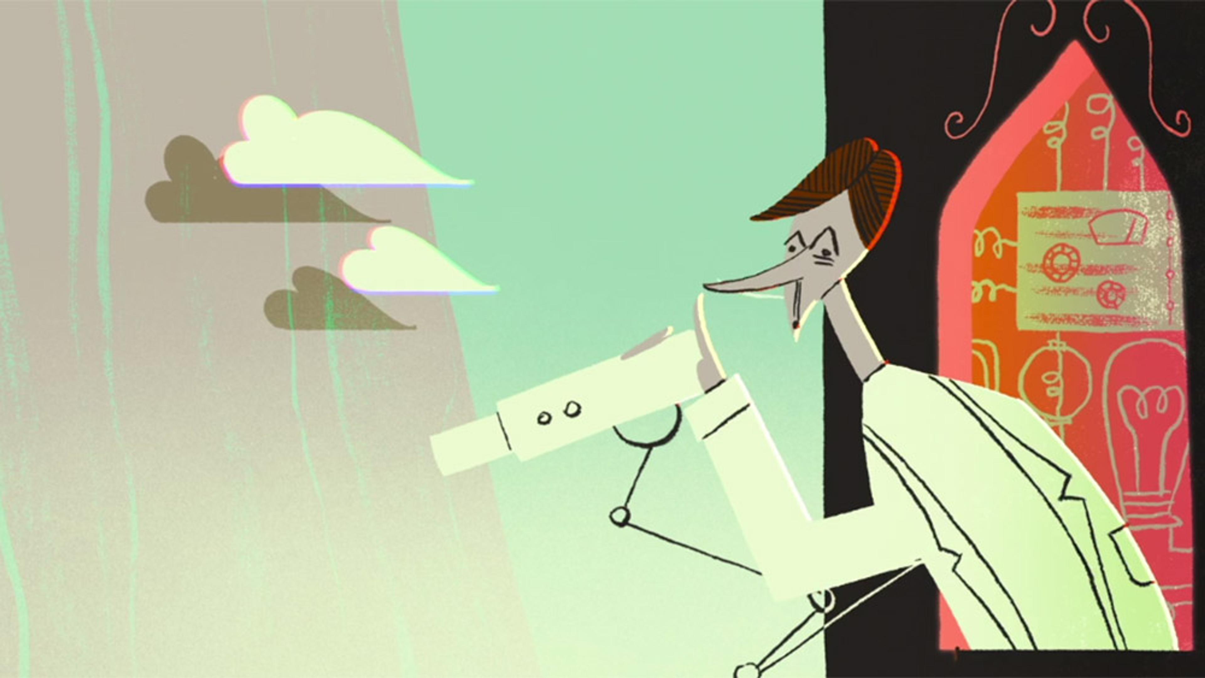 Illustration of a scientist looking through a telescope by a window with gears in the background and stylised clouds outside.