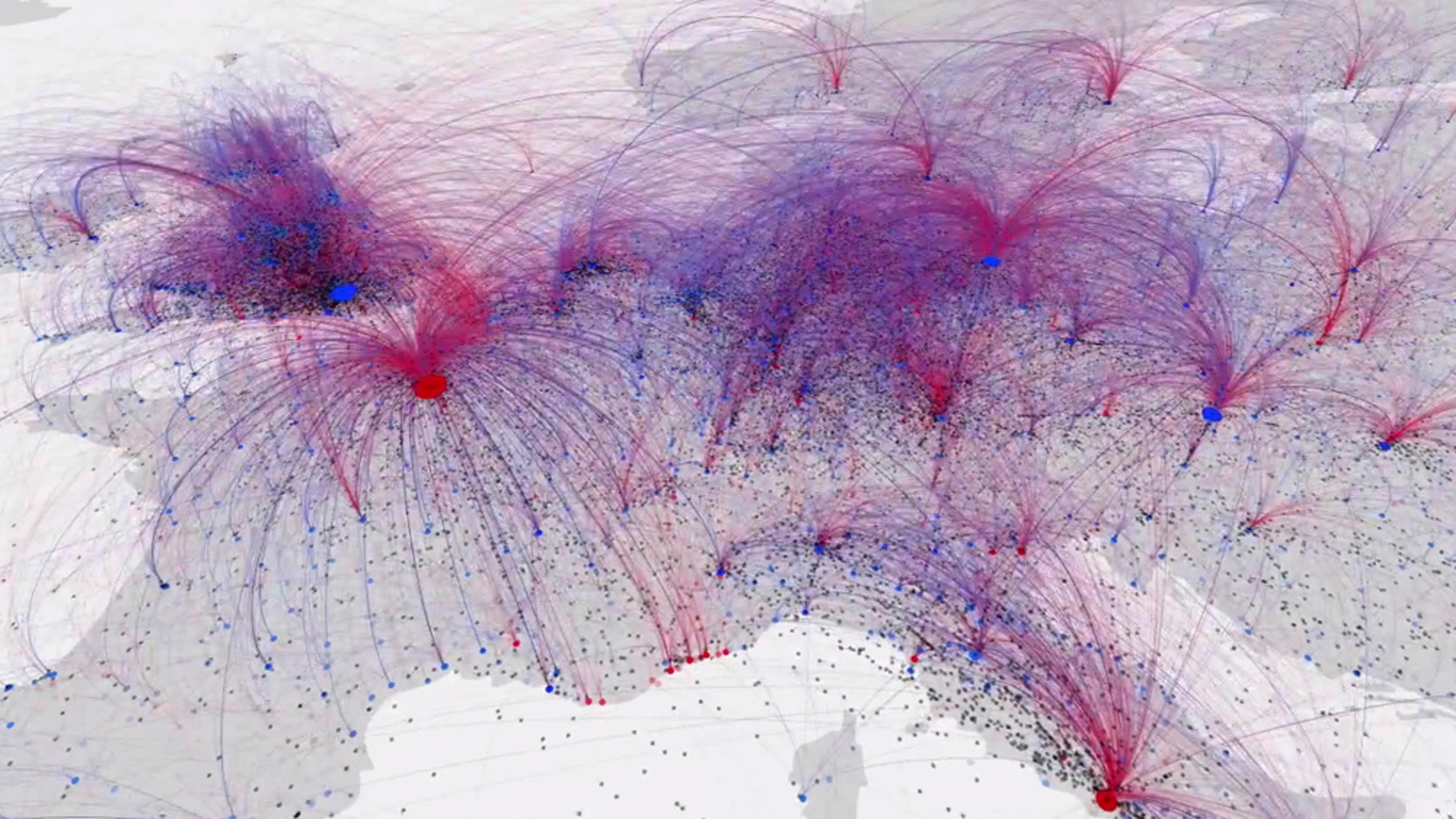 A graphic visualisation of complex network connections over a map, with blue and red nodes linked by numerous curved lines.