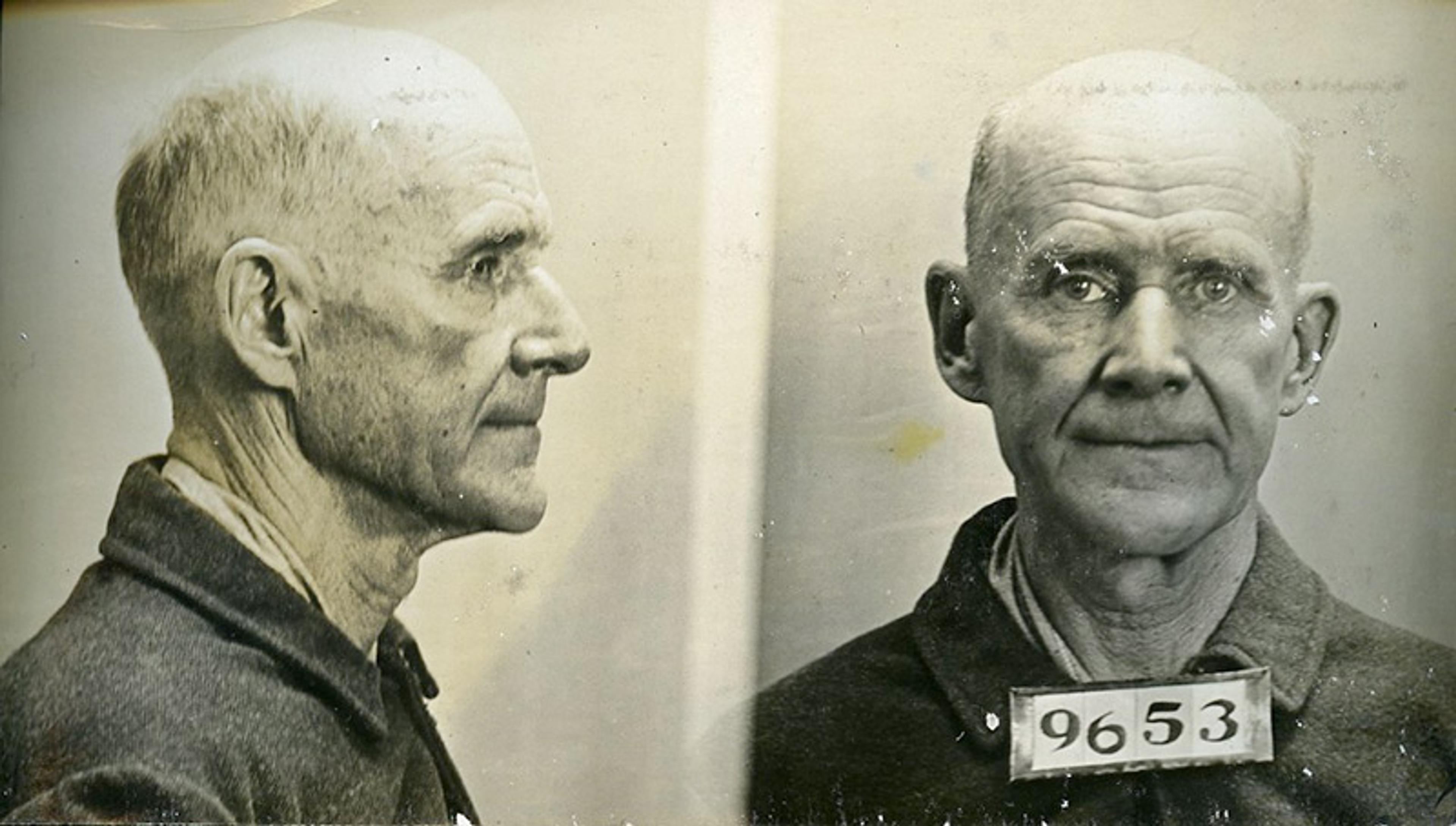 A side- and frontfacing mugshot portrait of Eugene Debs
