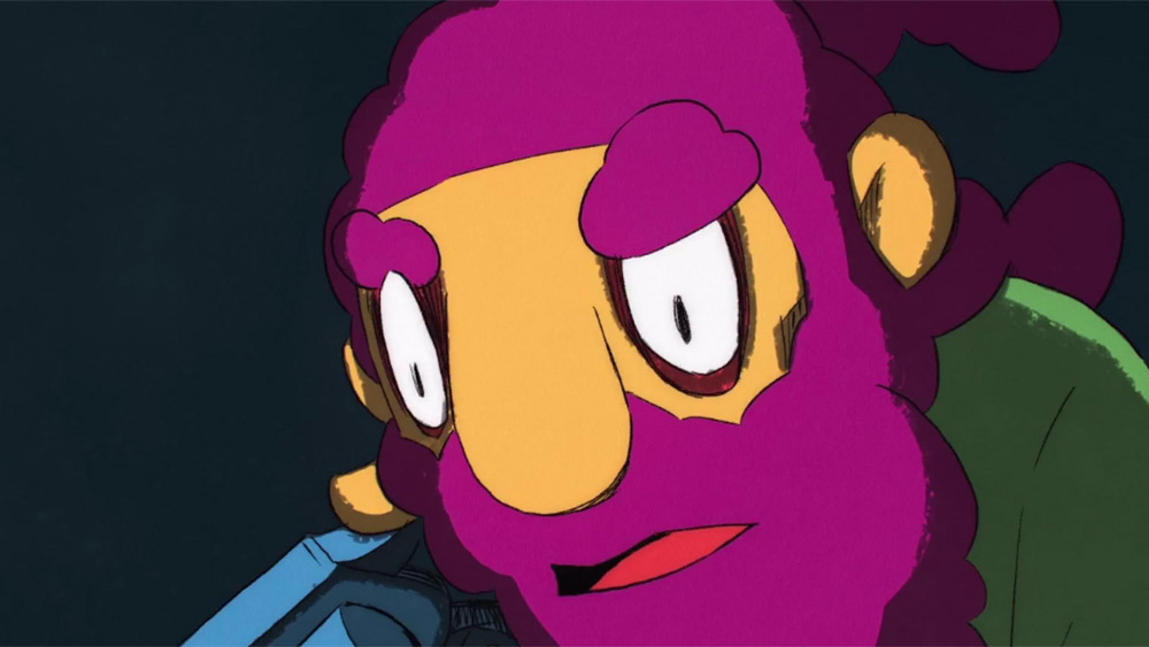 Animated character with a purple beard and yellow face, wide eyes, a red mouth, wearing a green shirt with a dark background.