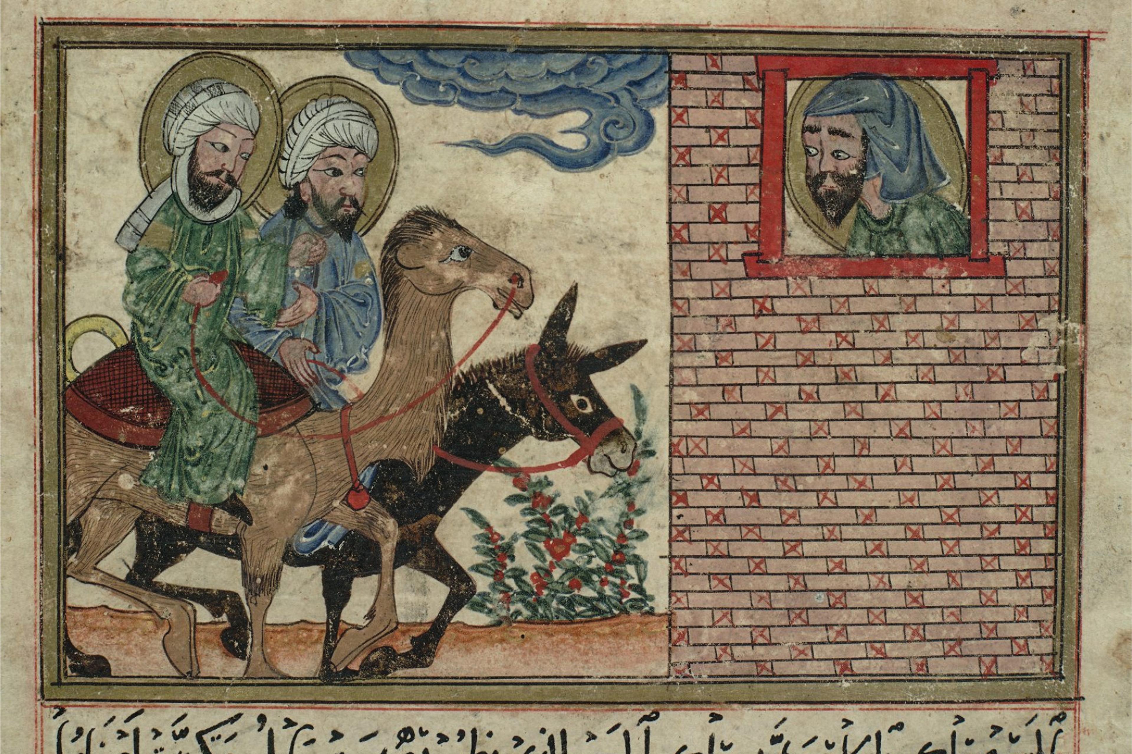 Medieval painting of two men riding a donkey, a man is in a window, script beneath, with decorative clouds overhead.