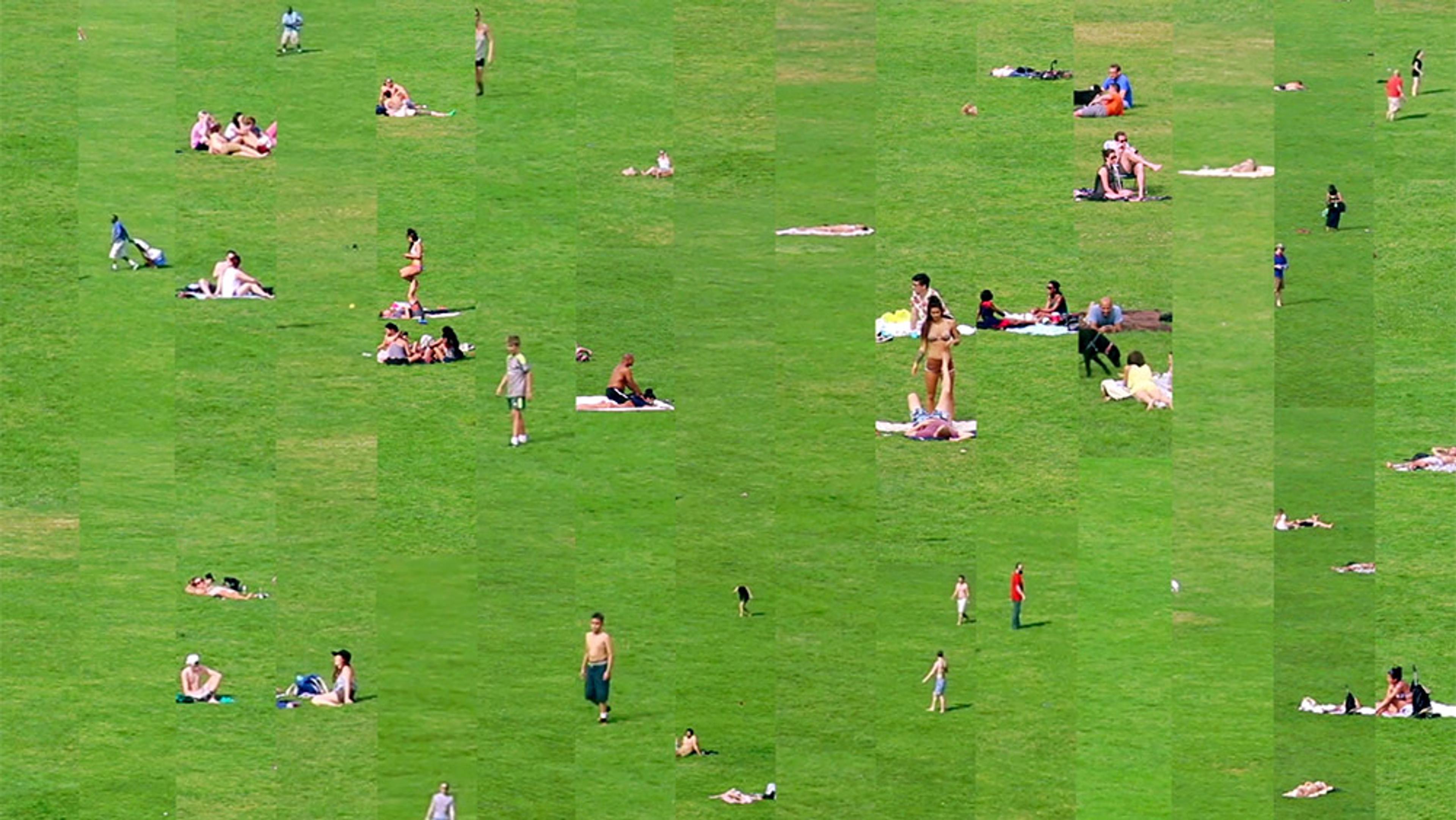 People sitting on blankets scattered across a large, green grassy field in a park, enjoying a sunny day.