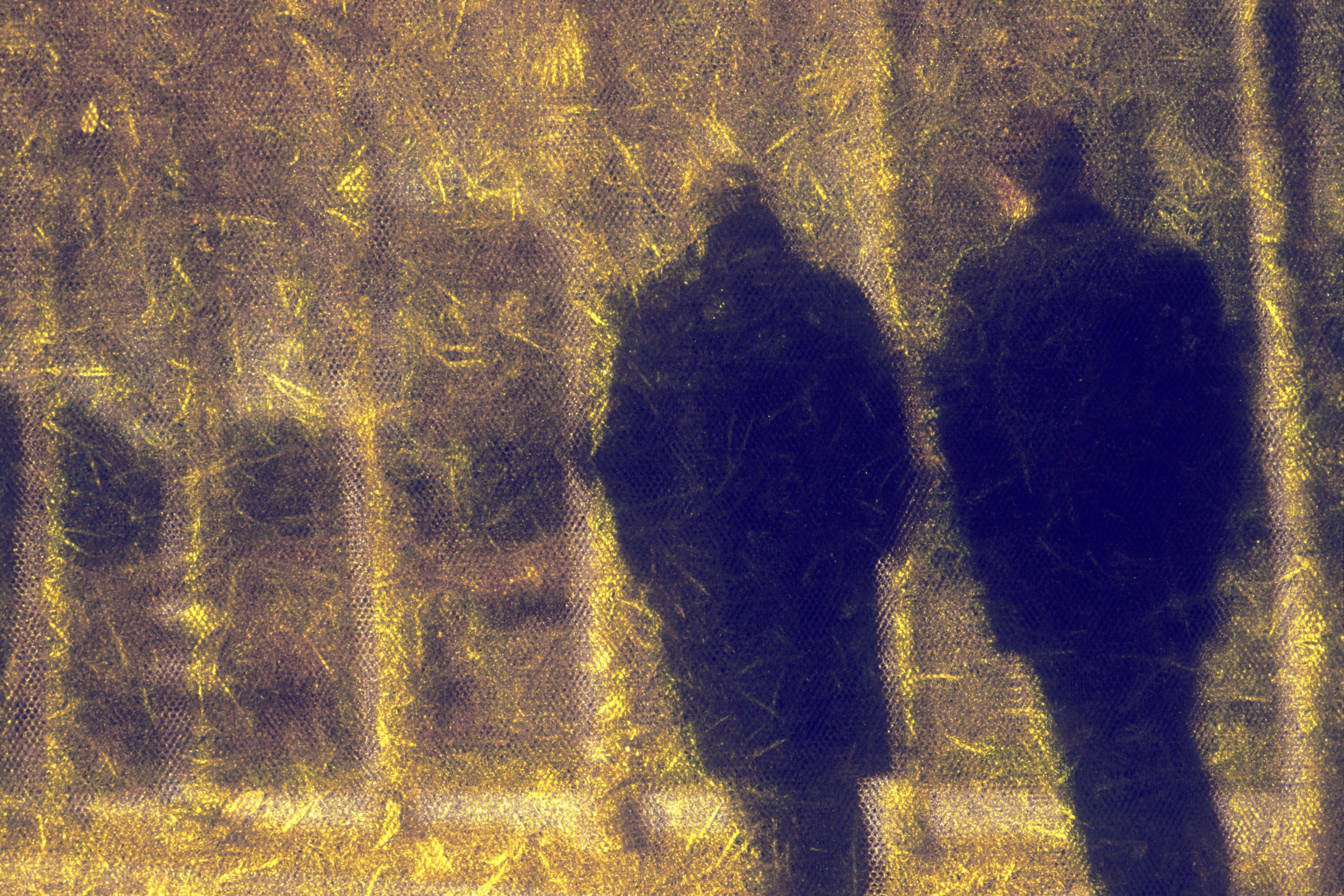 Abstract painting of two people walking in a textured, impressionistic landscape with warm yellow and brown tones.