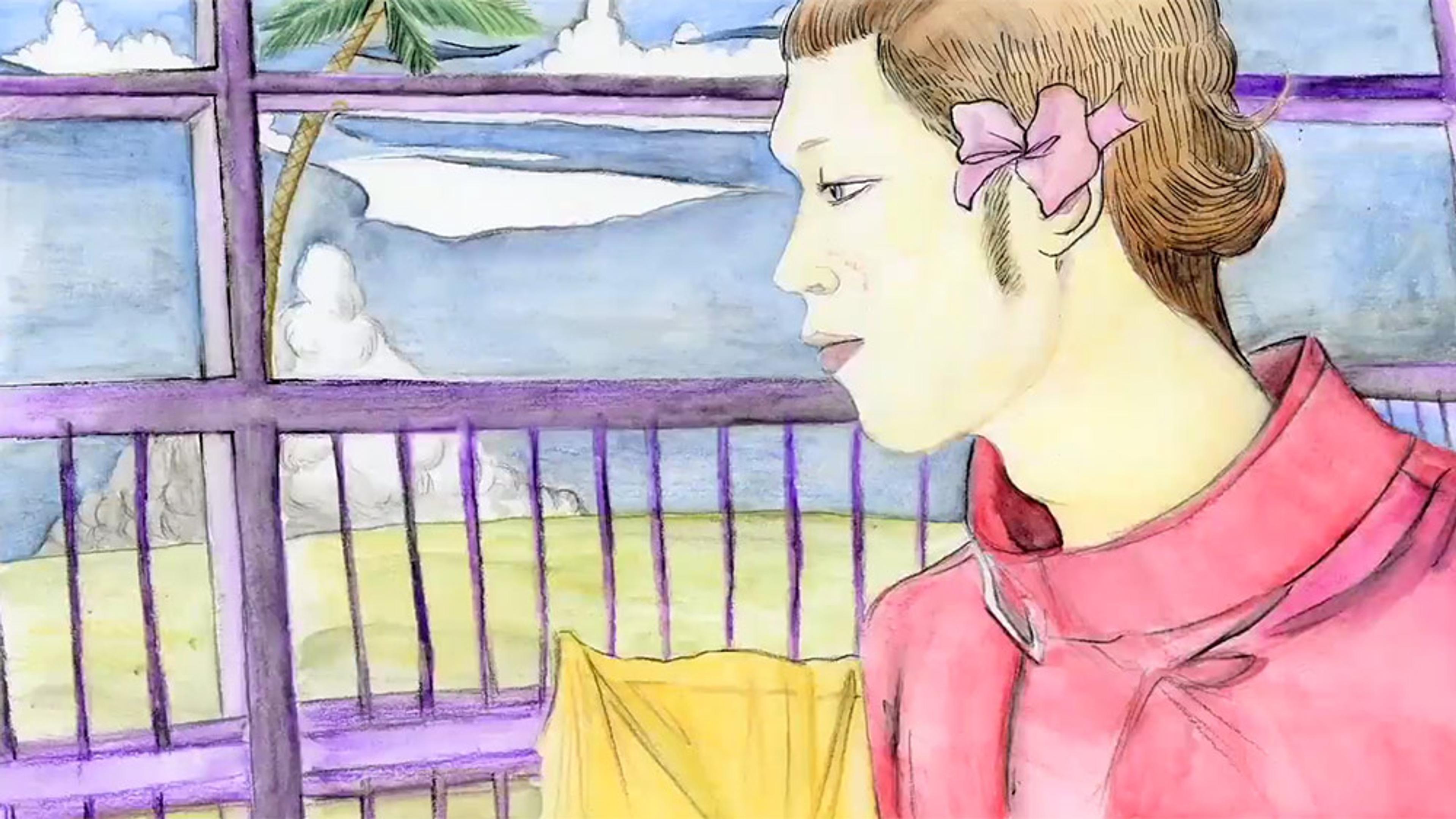 Painting of a person with a pink flower in their hair wearing a red garment looking right with a scenic landscape visible through a window.