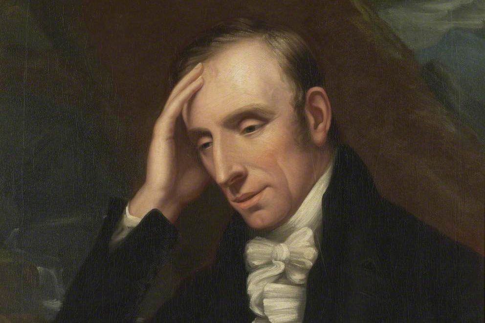 Portrait painting of a man in a thoughtful pose with hand on head wearing a dark coat and white cravat against a dark background.
