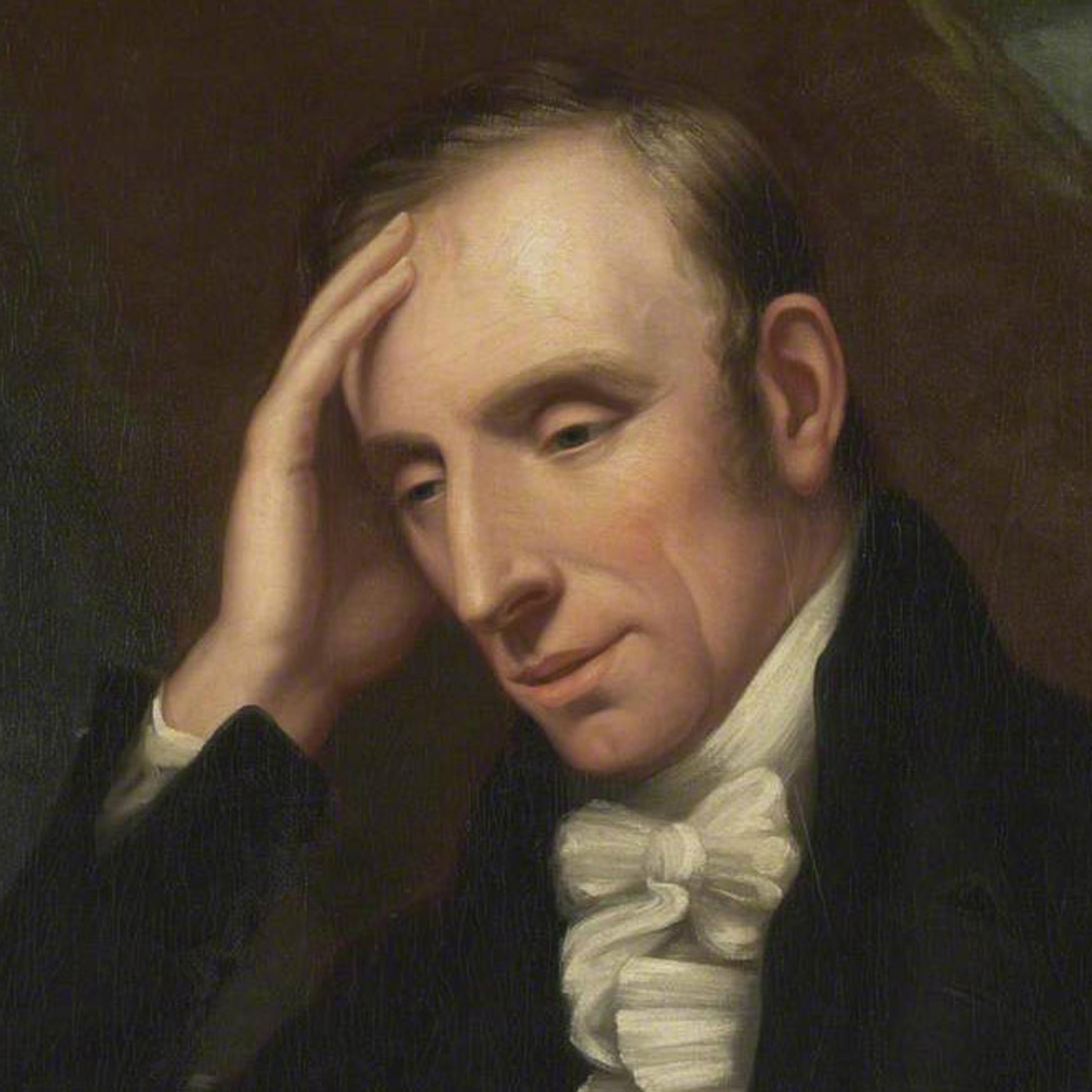 Portrait painting of a man in a thoughtful pose with hand on head wearing a dark coat and white cravat against a dark background.