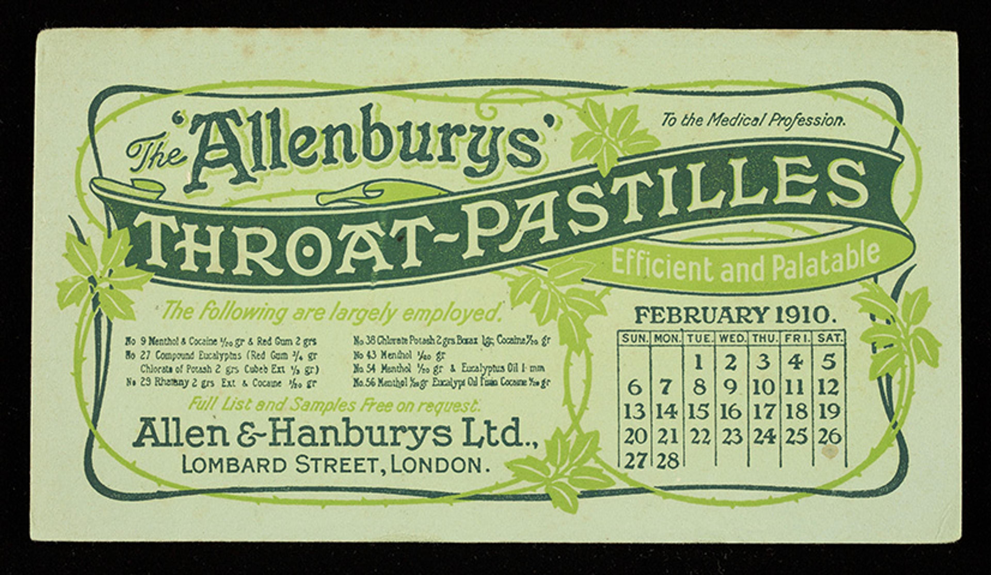 Vintage advertisement for Allenburys Throat Pastilles from February 1910 with green text and a calendar.