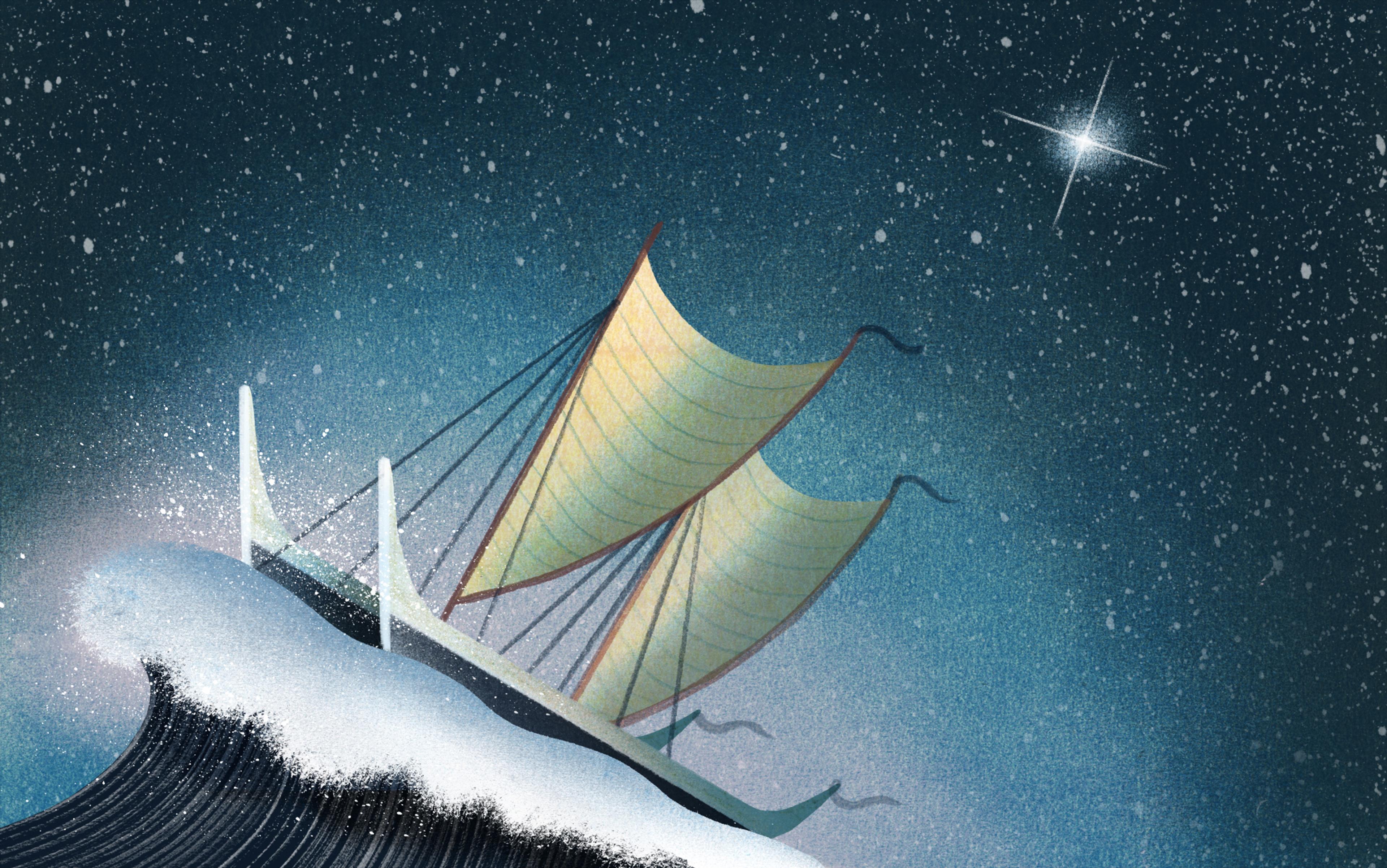 Painting of a ship with yellow sails battling rough seas at night with a bright star in the sky and water splashing on deck.