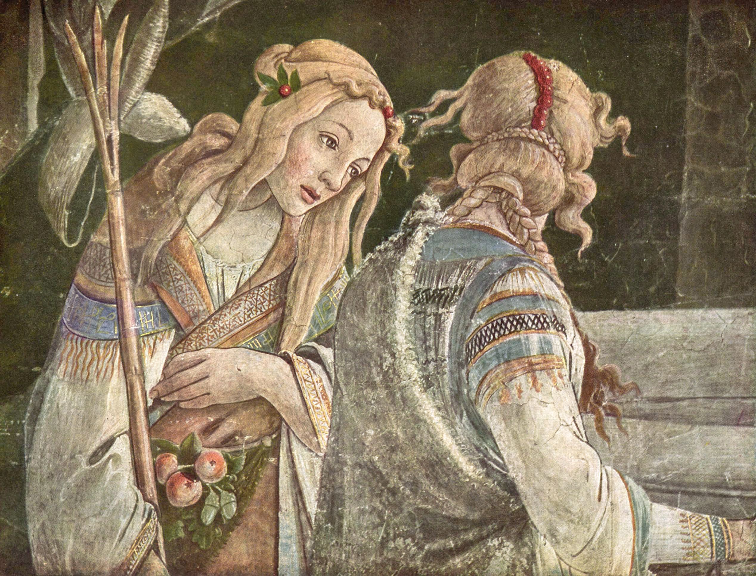 A Renaissance painting of two women in ornate clothing, one holding fruit and a staff, set against a dark background.