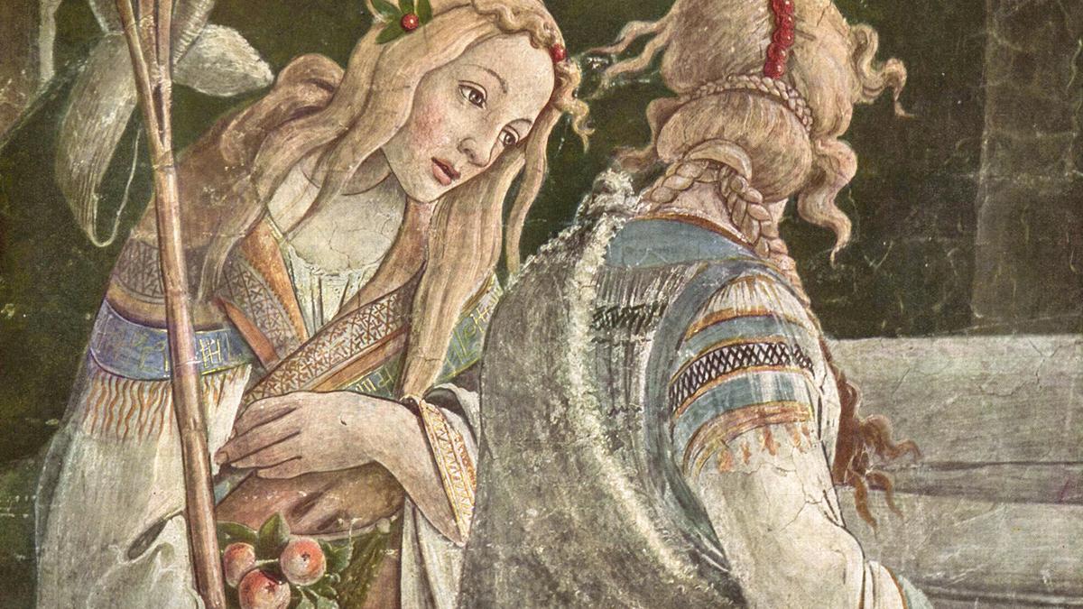 A Renaissance painting of two women in ornate clothing, one holding fruit and a staff, set against a dark background.