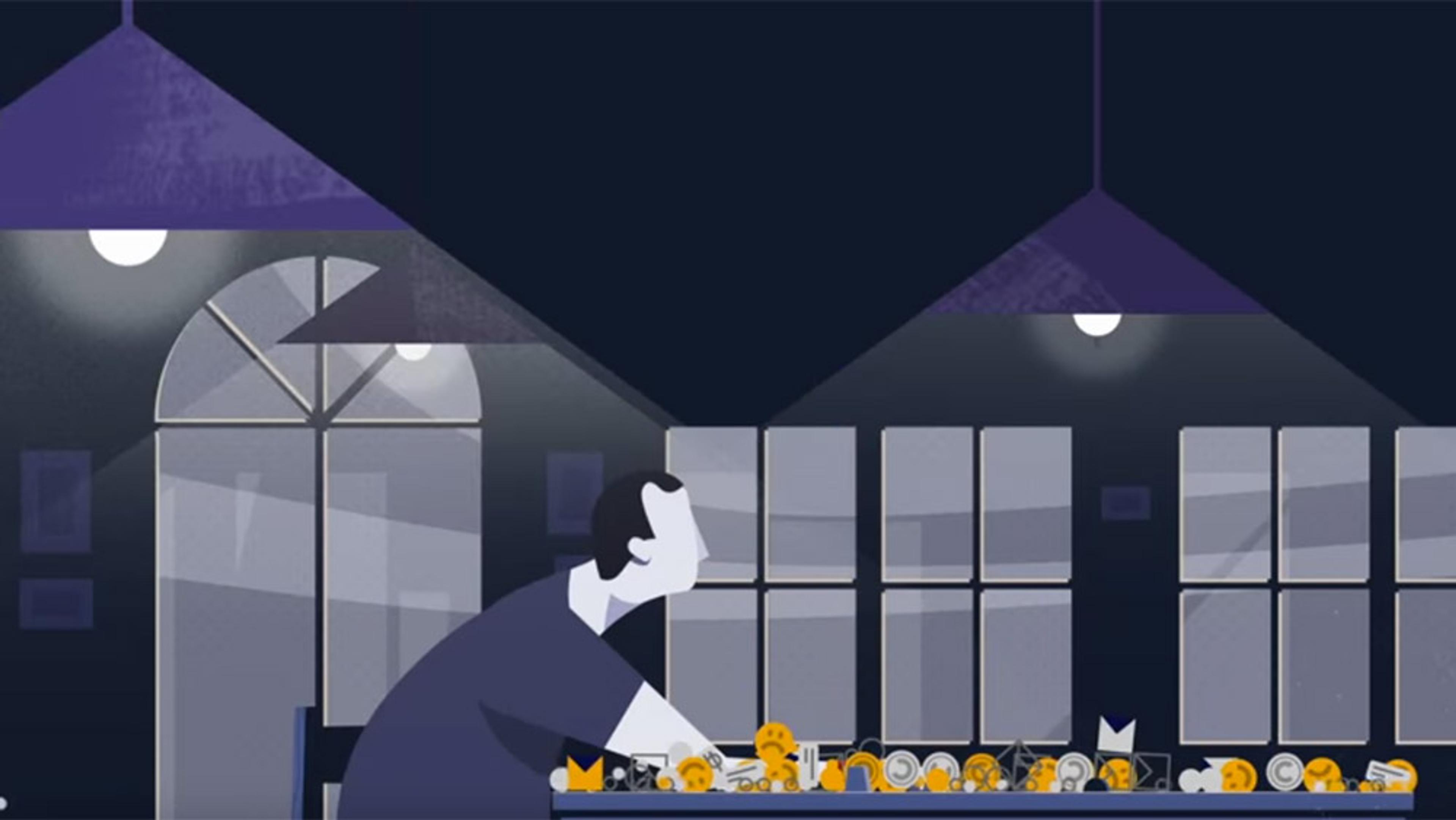 Illustration of a person sitting at a table with various objects under hanging lights in a dimly lit room with large windows.