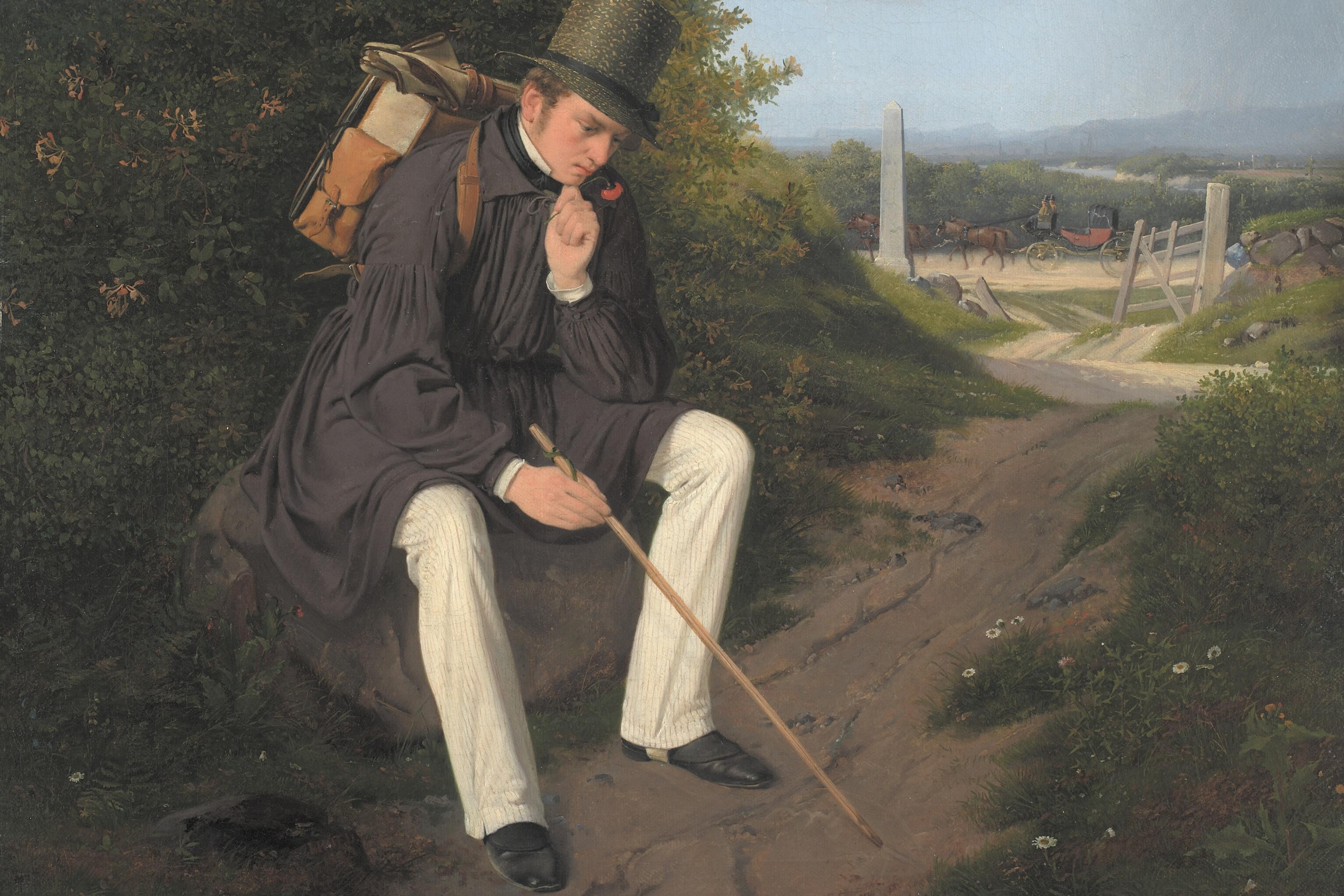 Painting of a man in a top hat sitting on a path with a walking stick, backpack and countryside view in the background.