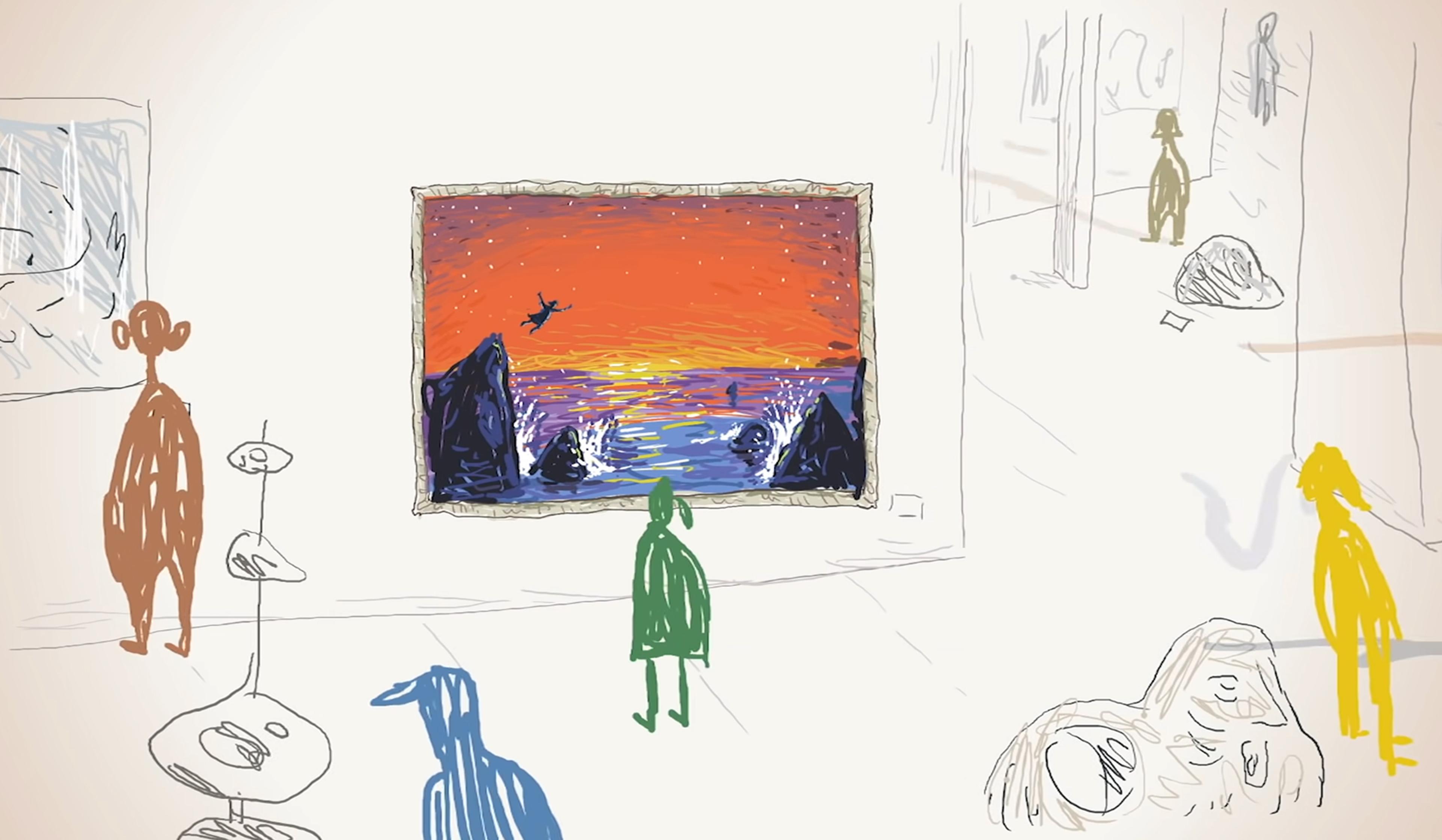 A whimsical drawing of figures in an art gallery, admiring a colourful painting of a sunset over the sea with birds flying.